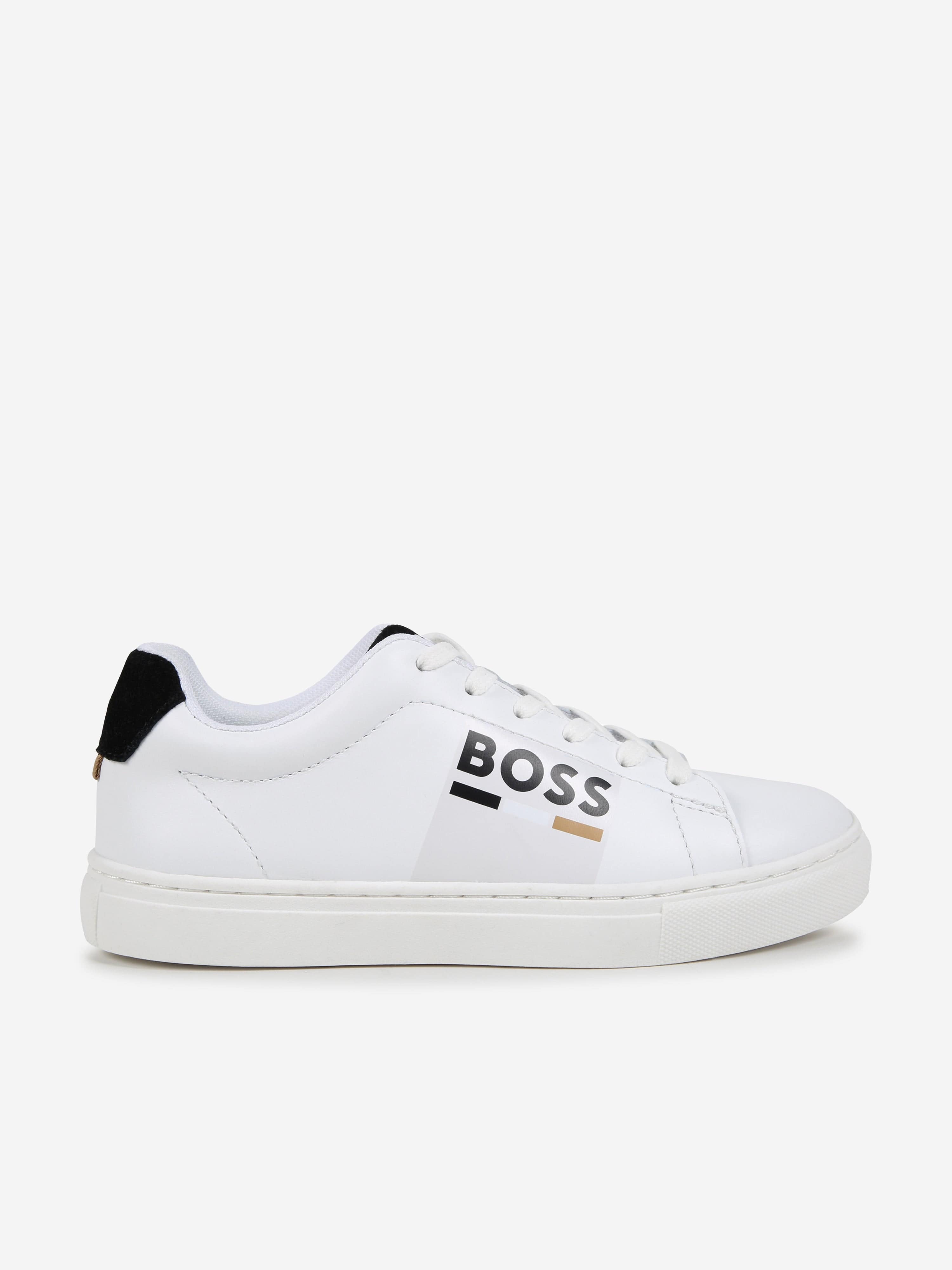 BOSS Boys Leather Logo Trainers in White Clearance Fake