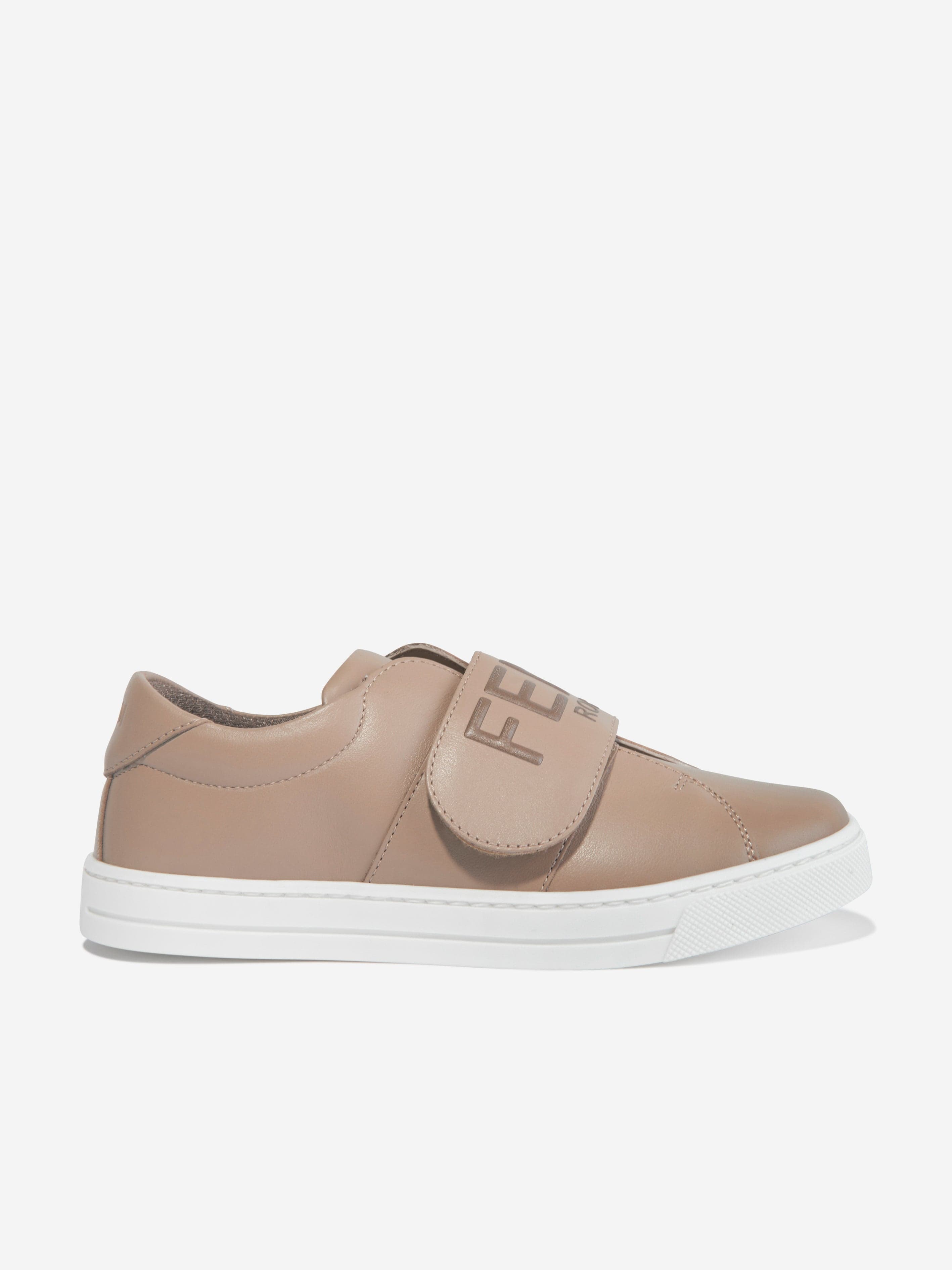 Fendi Kids Leather Logo Trainers in Beige Free Shipping Perfect