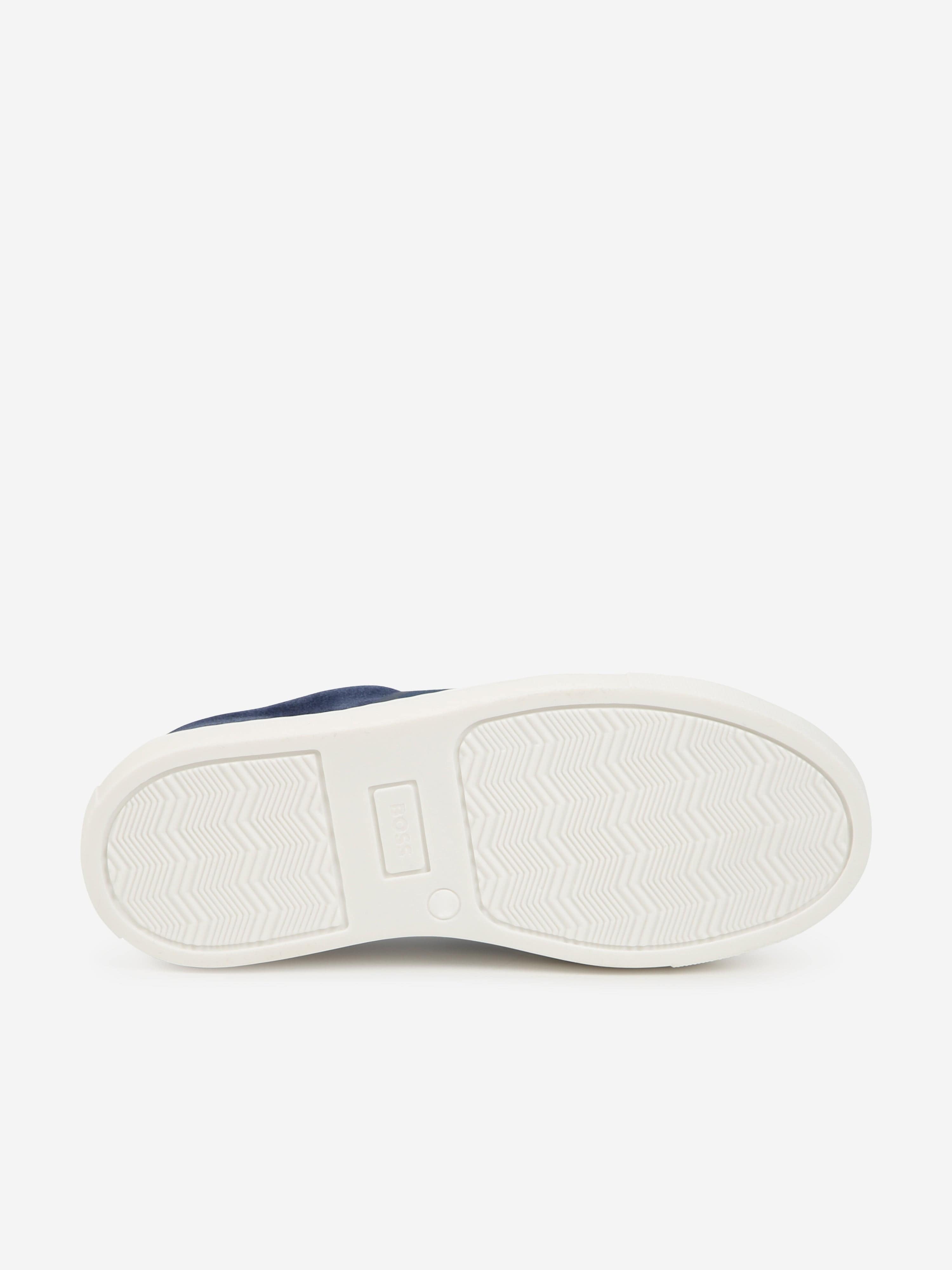 BOSS Boys Leather Logo Trainers in Blue Outlet Big Discount
