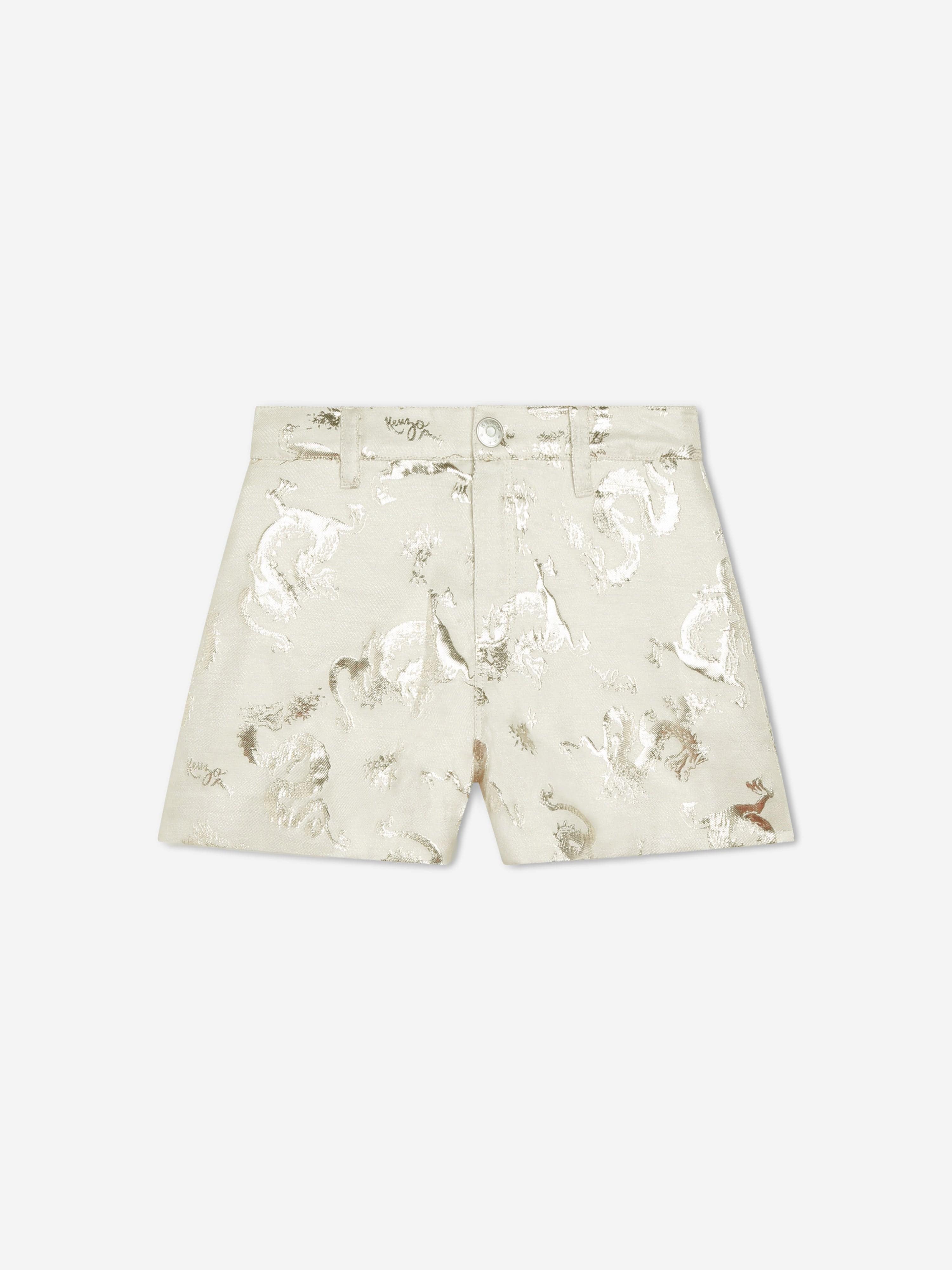 KENZO Girls Mettallic Dragon Print Shorts in Ivory Free Shipping Manchester Great Sale