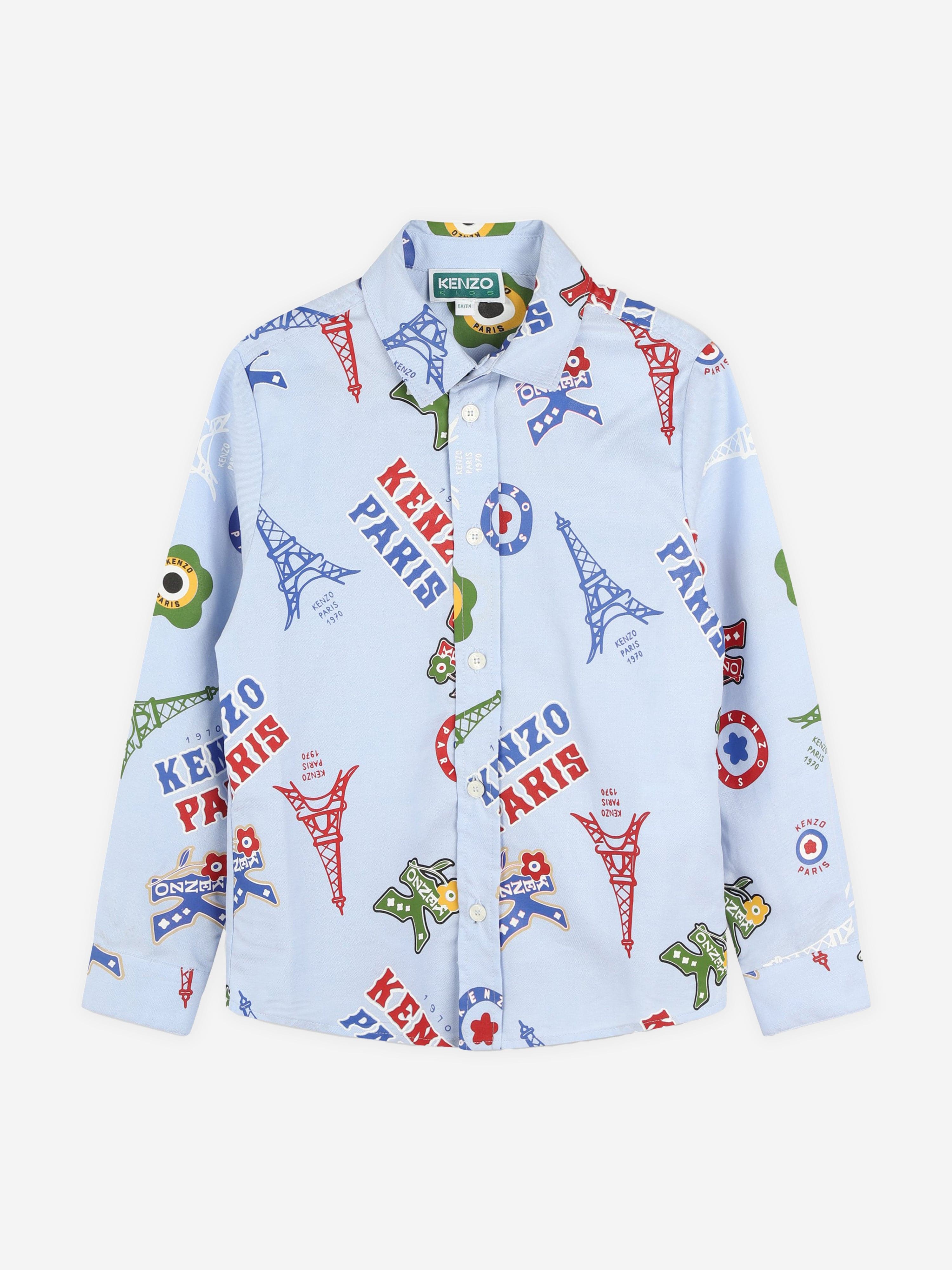 KENZO Boys Logo Print Oxford Shirt in Blue Best Deals