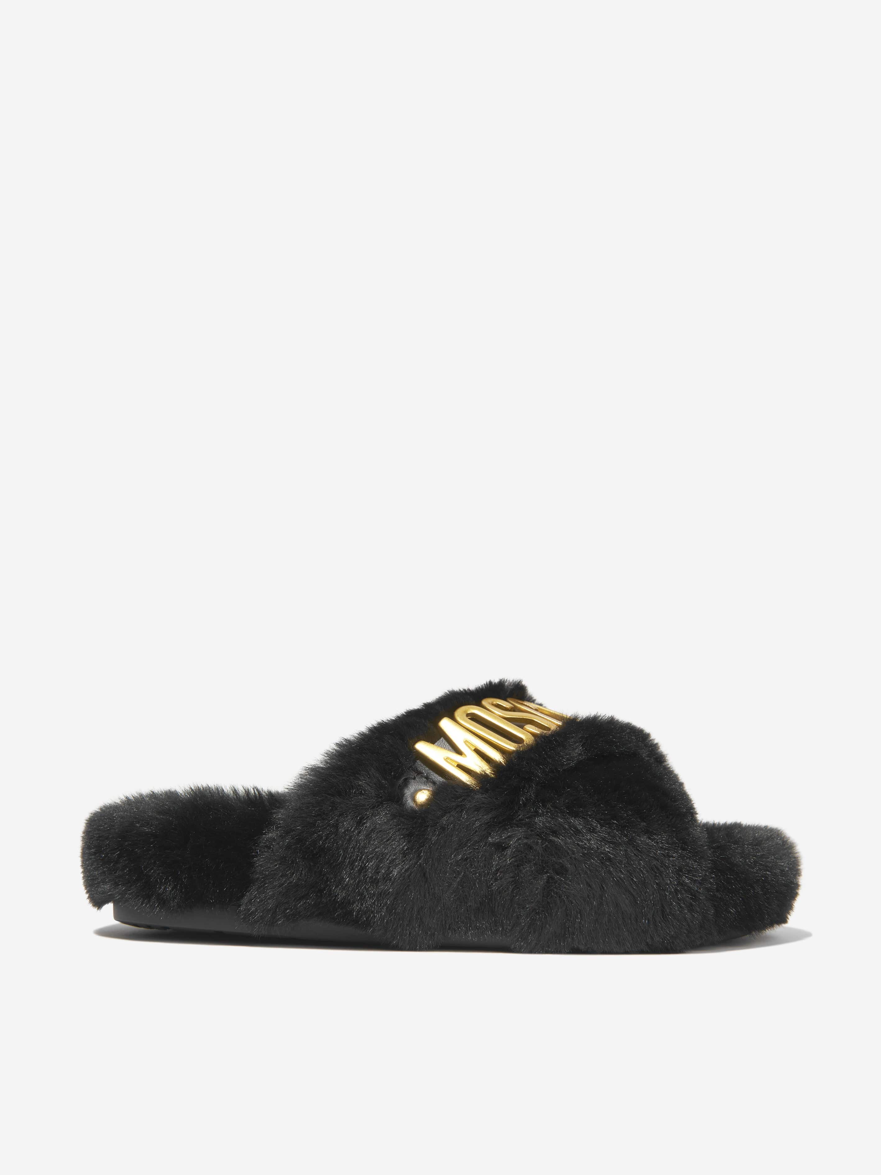 Moschino Girls Faux Fur Logo Slippers Discount Online