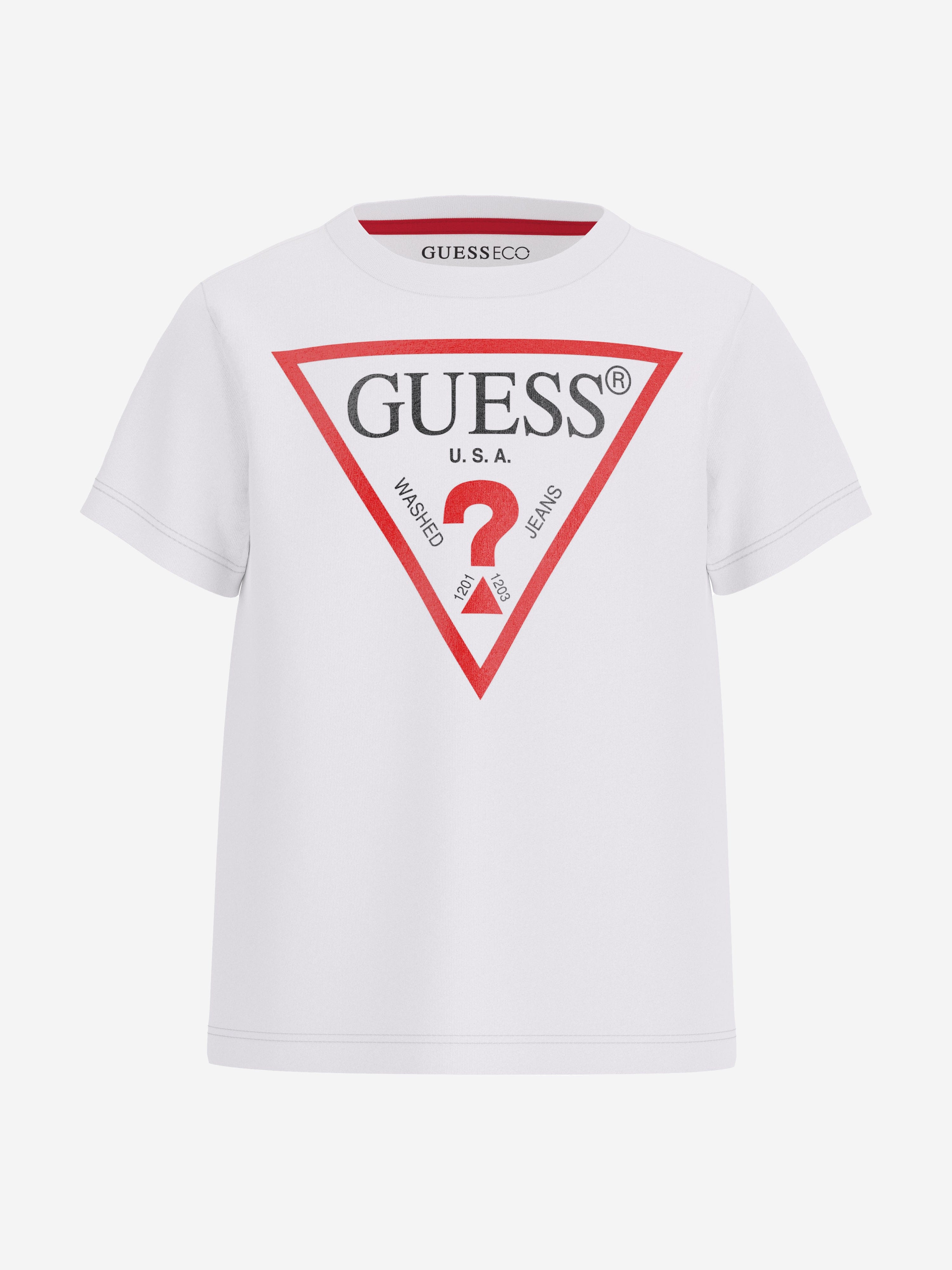 Guess Boys Logo Print T-Shirt in White Buy Cheap Discounts