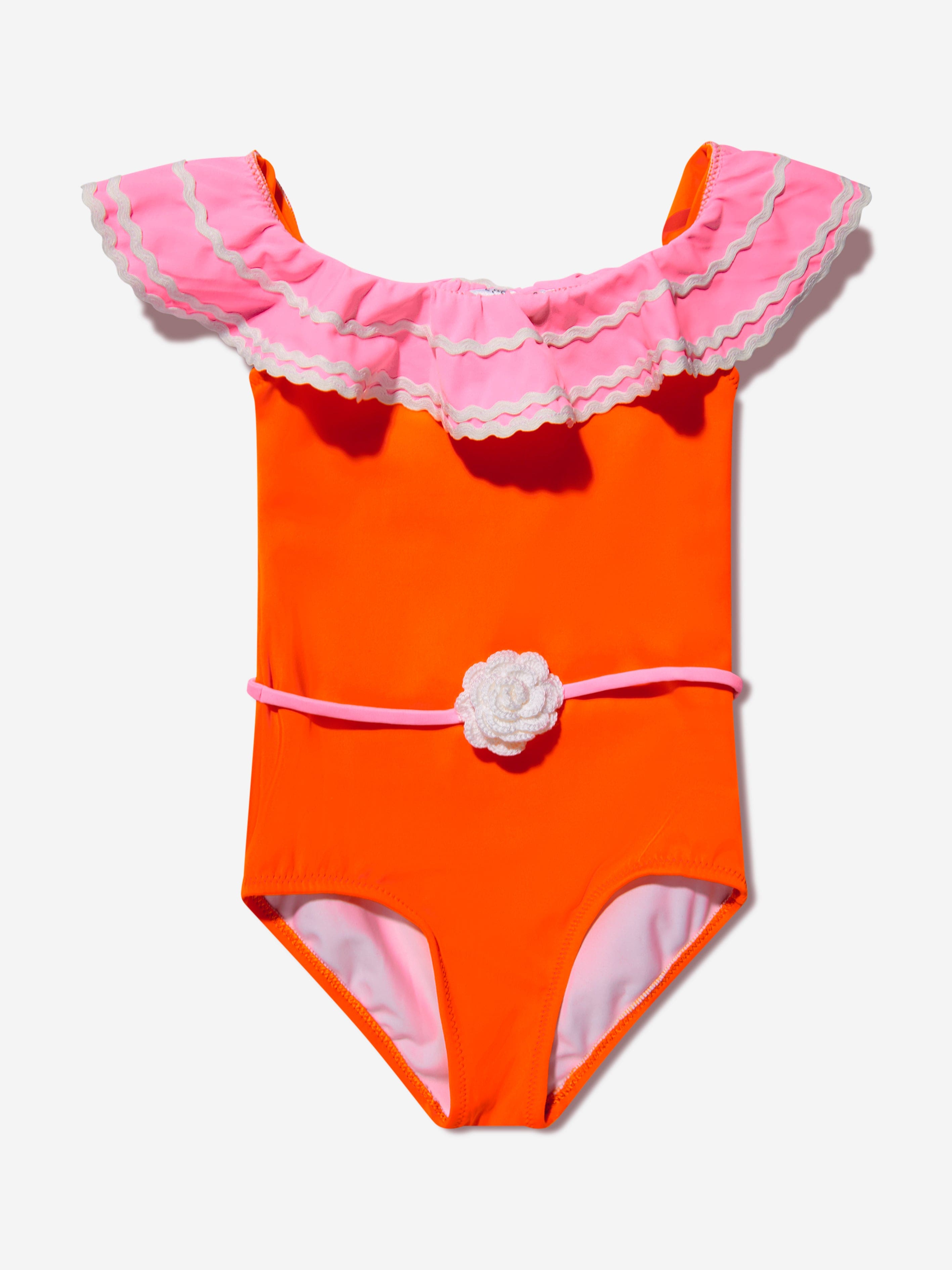 Nessi Byrd Girls Ruffled Crochet Flower Pina Swimsuit in Orange Cheap Get To Buy