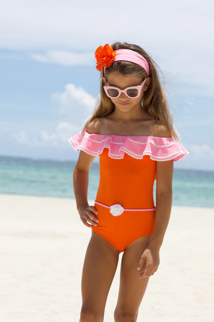 Nessi Byrd Girls Ruffled Crochet Flower Pina Swimsuit in Orange Cheap Get To Buy