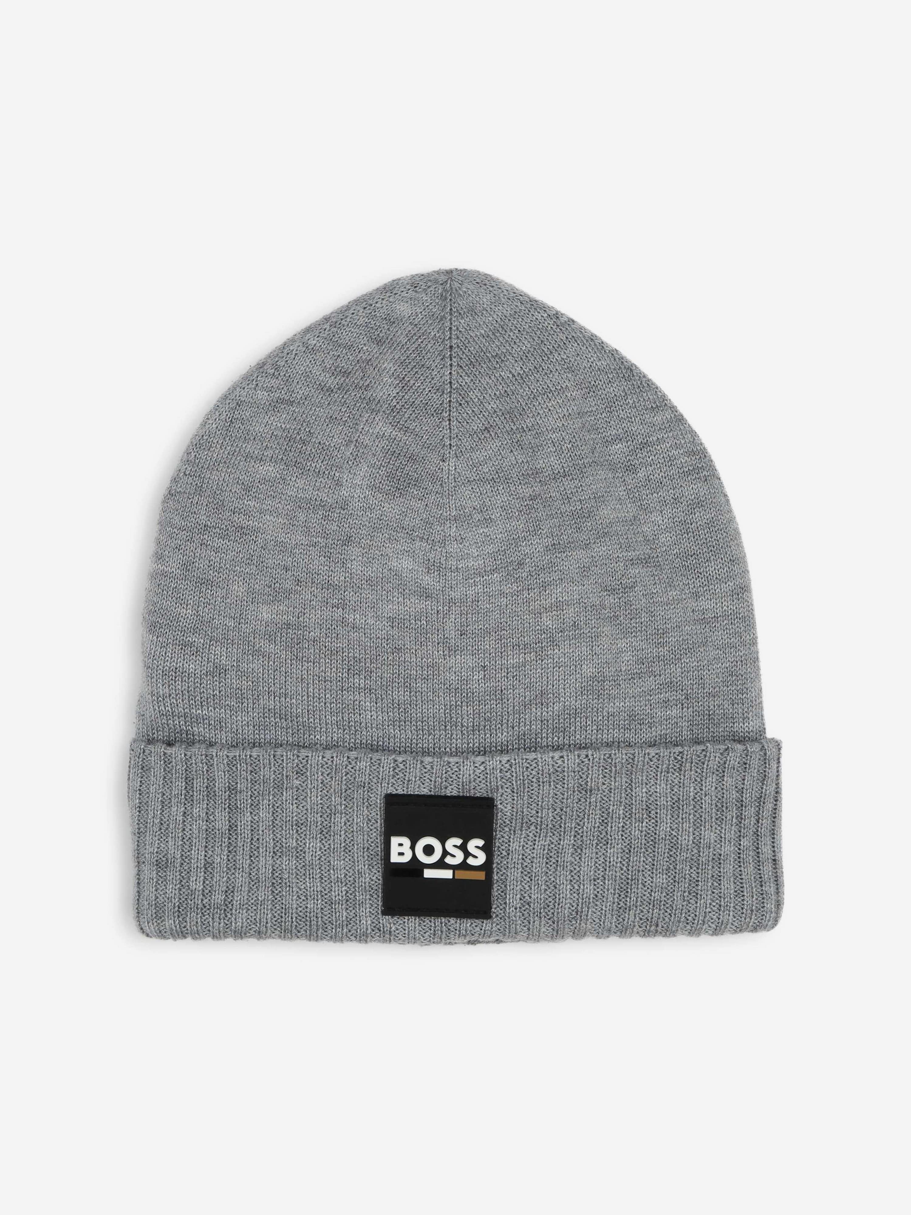 BOSS Boys Logo Badge Beanie Hat in Grey Cheap Online