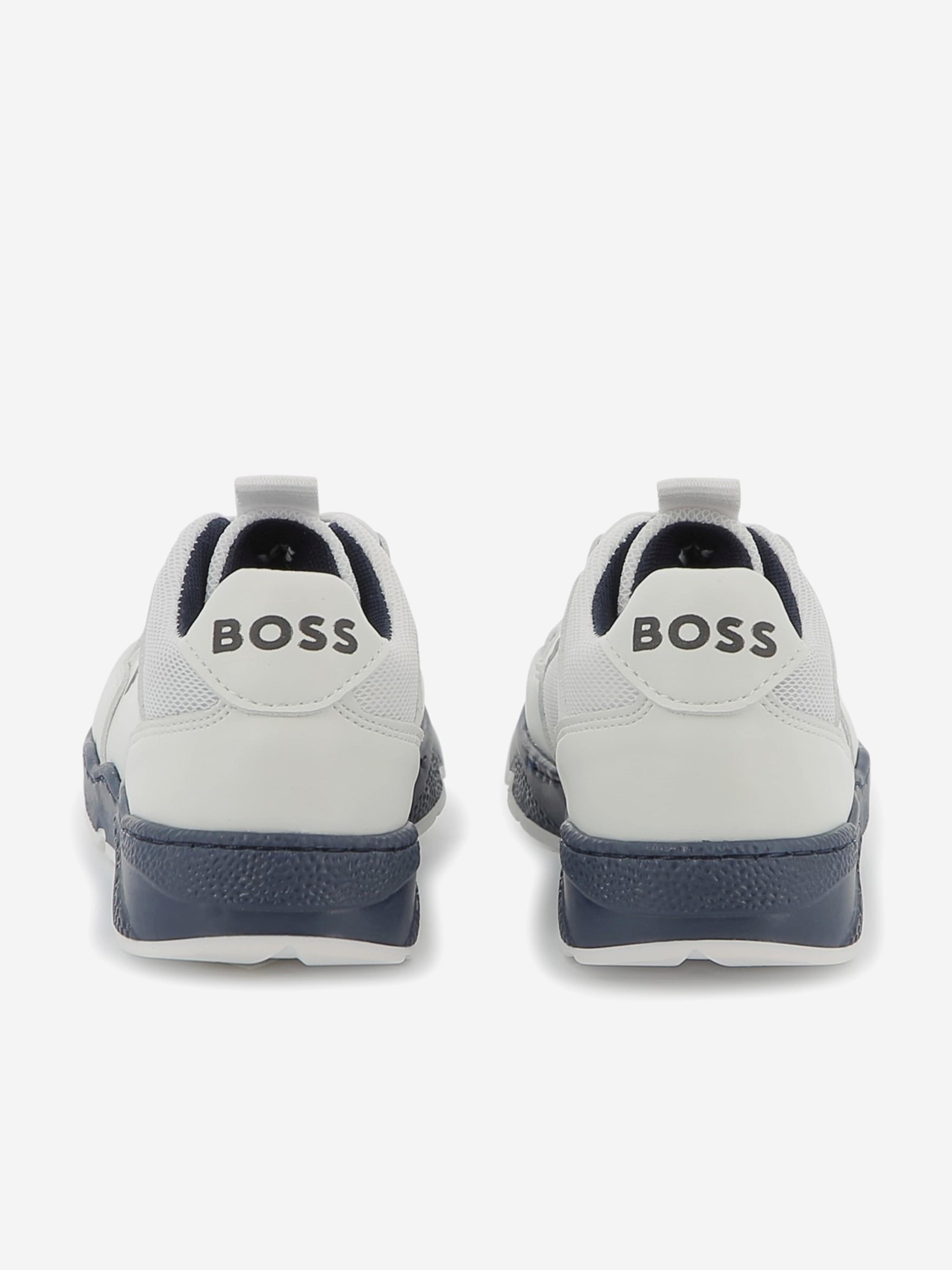 BOSS Boys Lace Up Logo Trainers in White Discount Cheapest