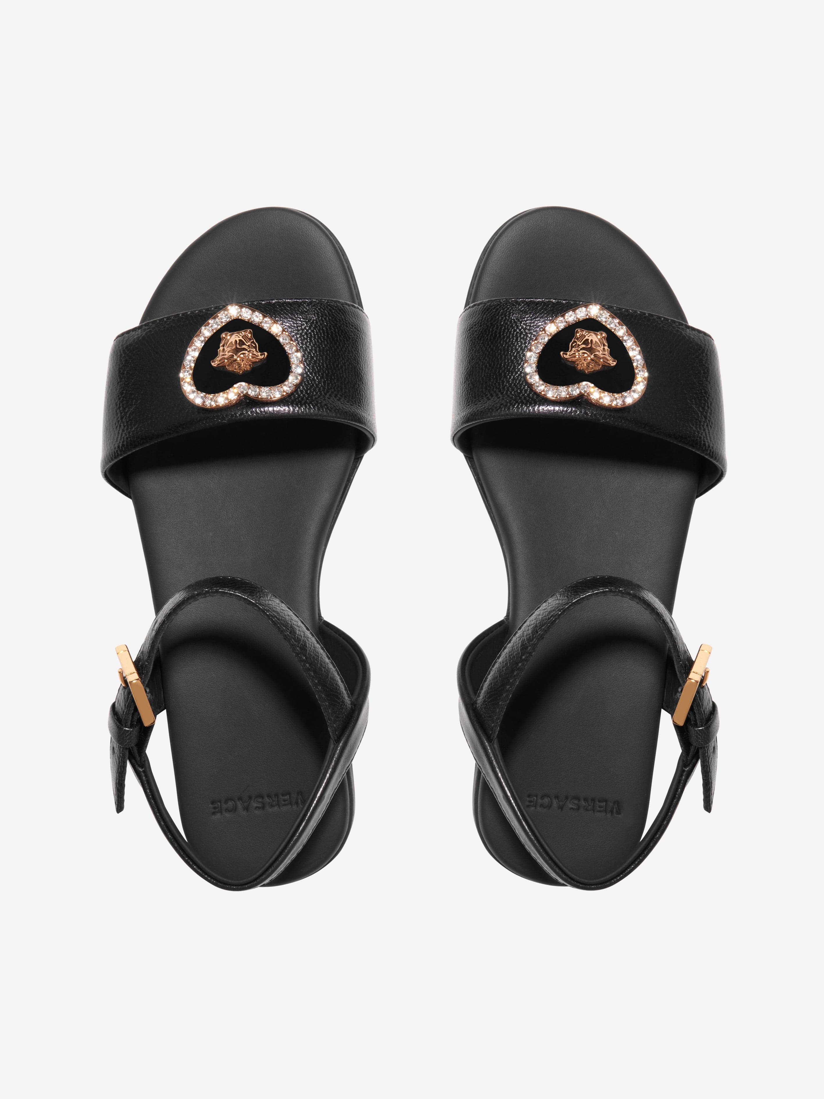 Versace Girls Leather Heart Logo Sandals in Black Best Wholesale For Sale