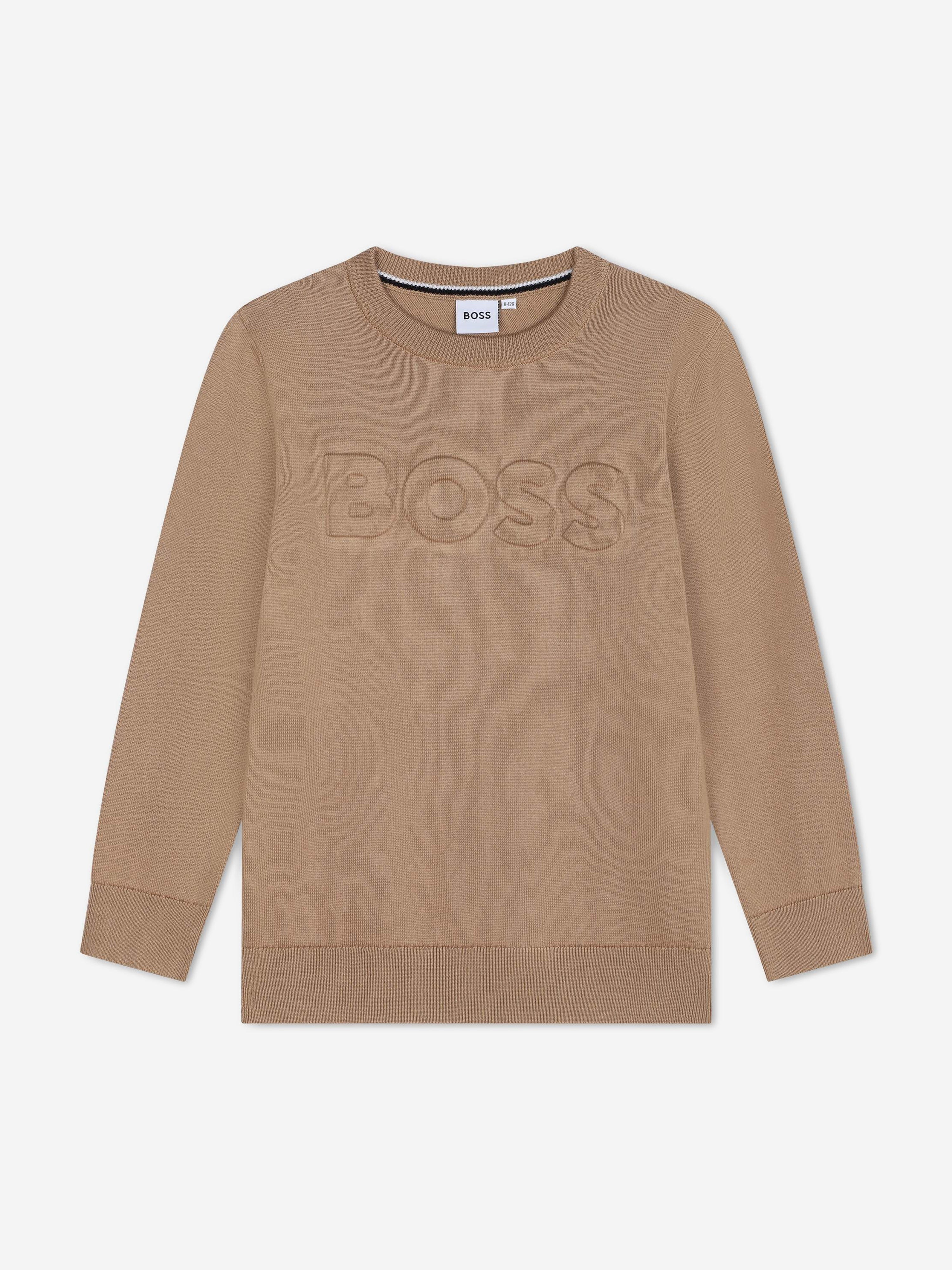 BOSS Boys Knitted Logo Jumper in Brown Genuine Online