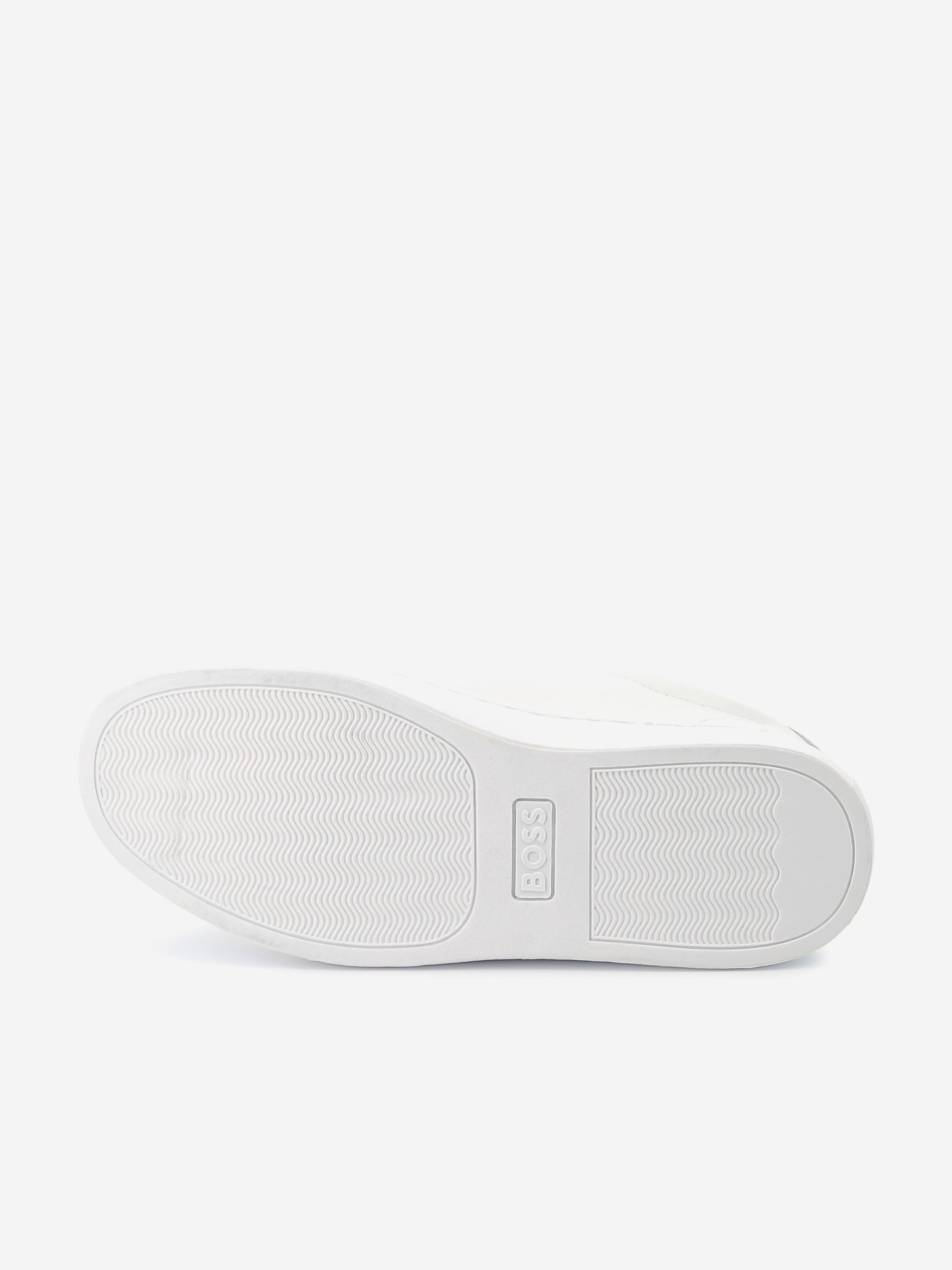 BOSS Boys Leather Logo Trainers in White Geniue Stockist
