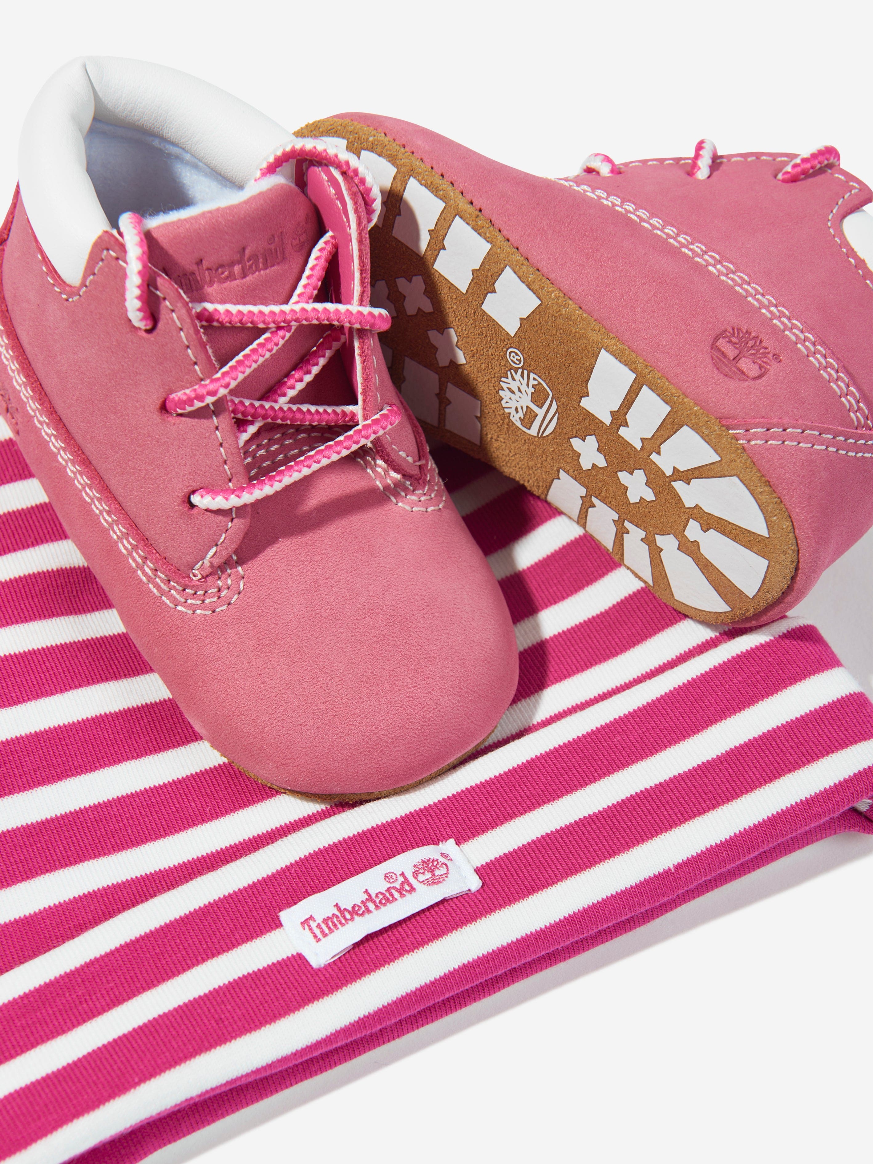 Timberland Baby Girls Crib Bootie and Hat Set in Pink Perfect For Sale