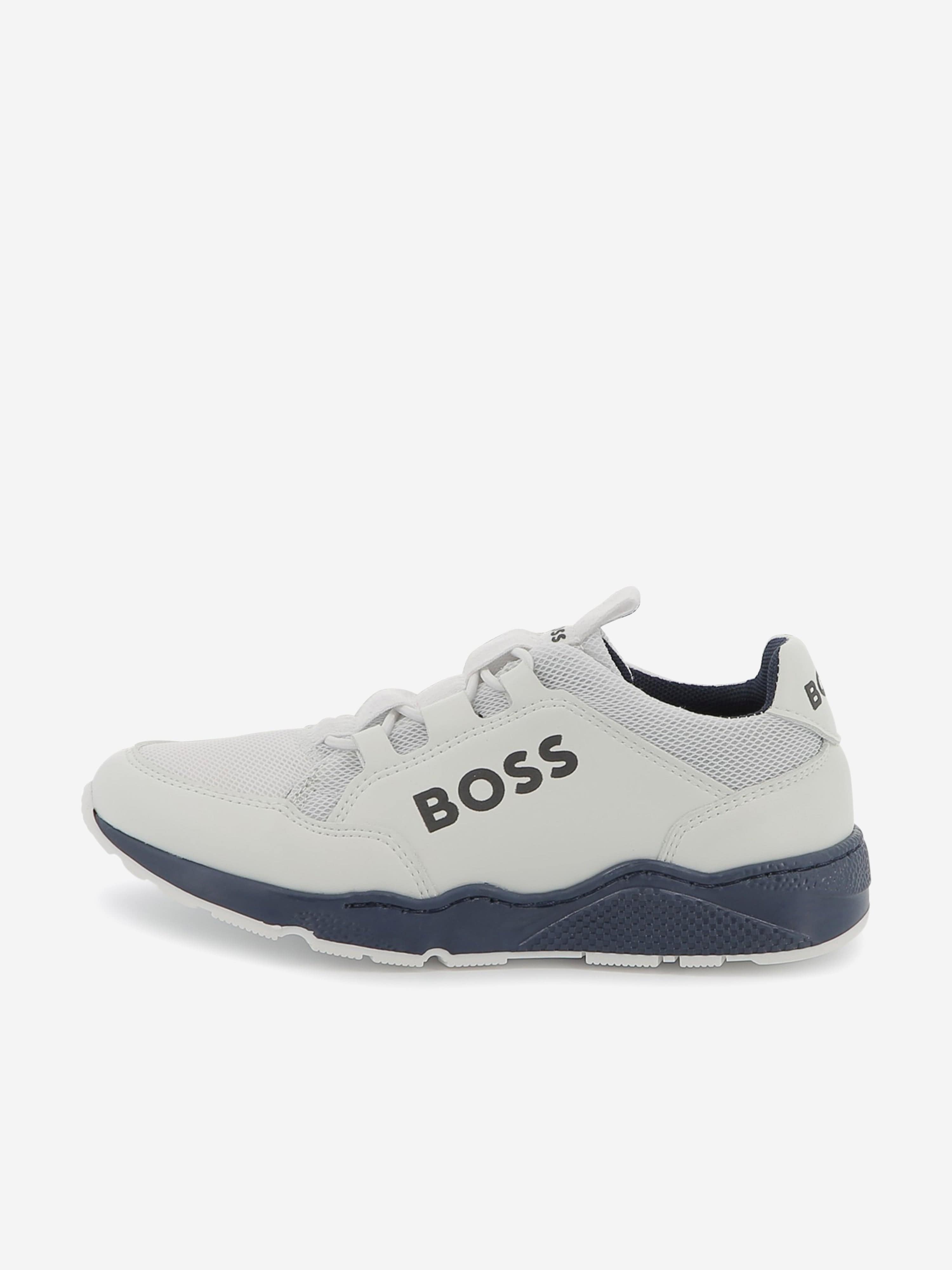 BOSS Boys Lace Up Logo Trainers in White Discount Cheapest
