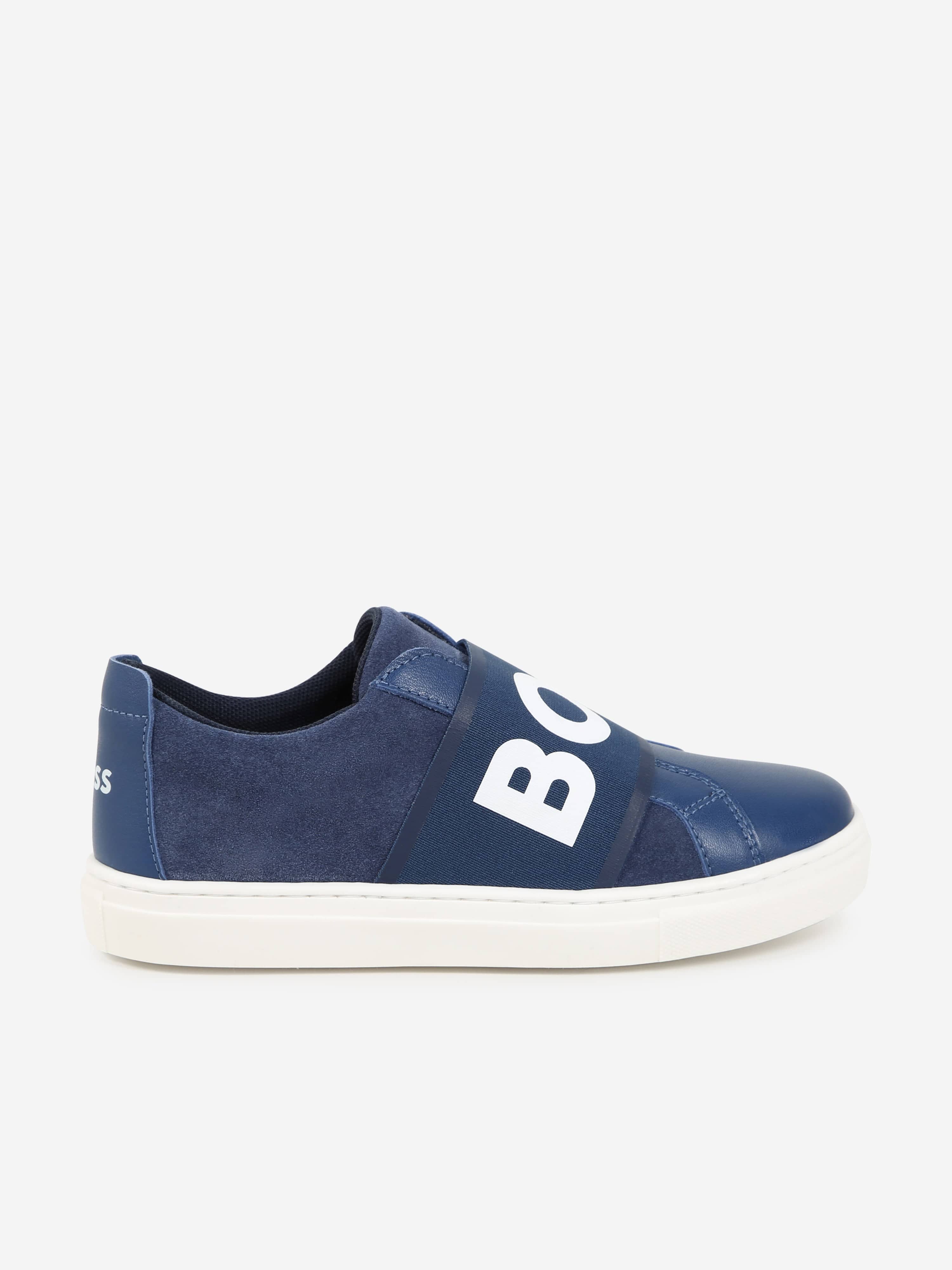 BOSS Boys Leather Logo Trainers in Blue Outlet Big Discount