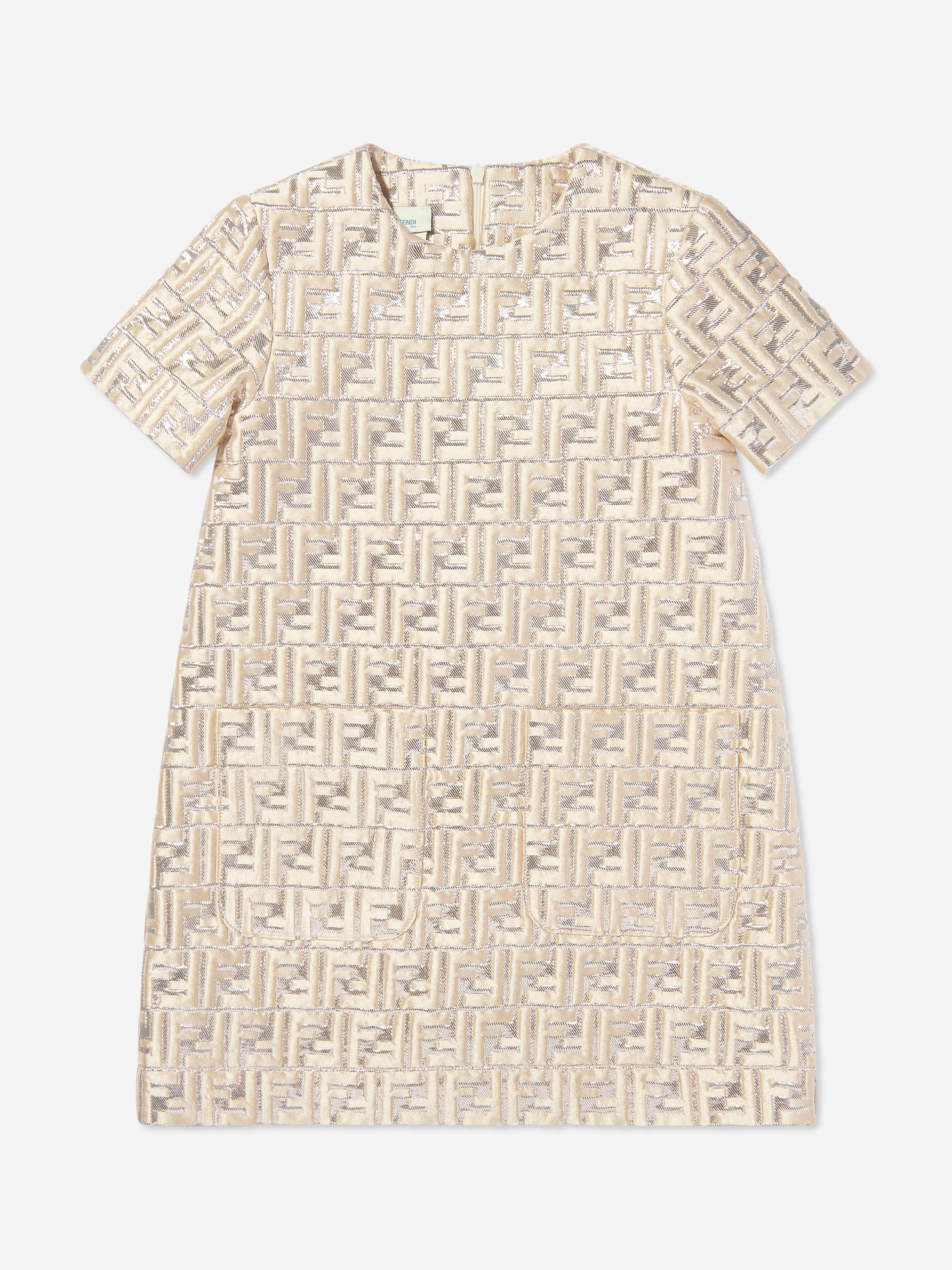 Fendi Girls FF Silk Brocade Dress in Beige Free Shipping Outlet Store