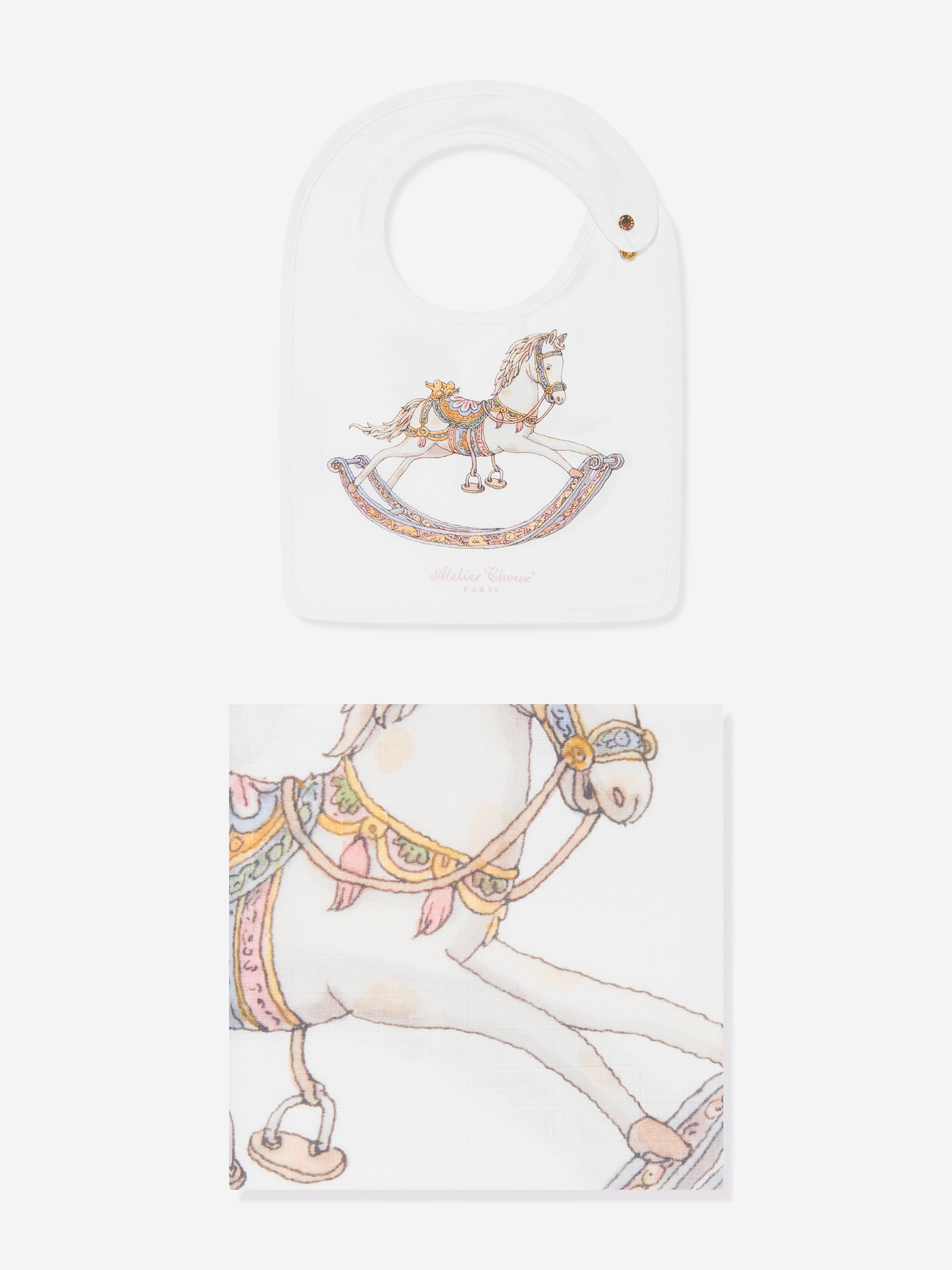 Atelier Choux Baby Rocking Horse Swaddle And Satin Bib Gift Set in White Footlocker Pictures Online