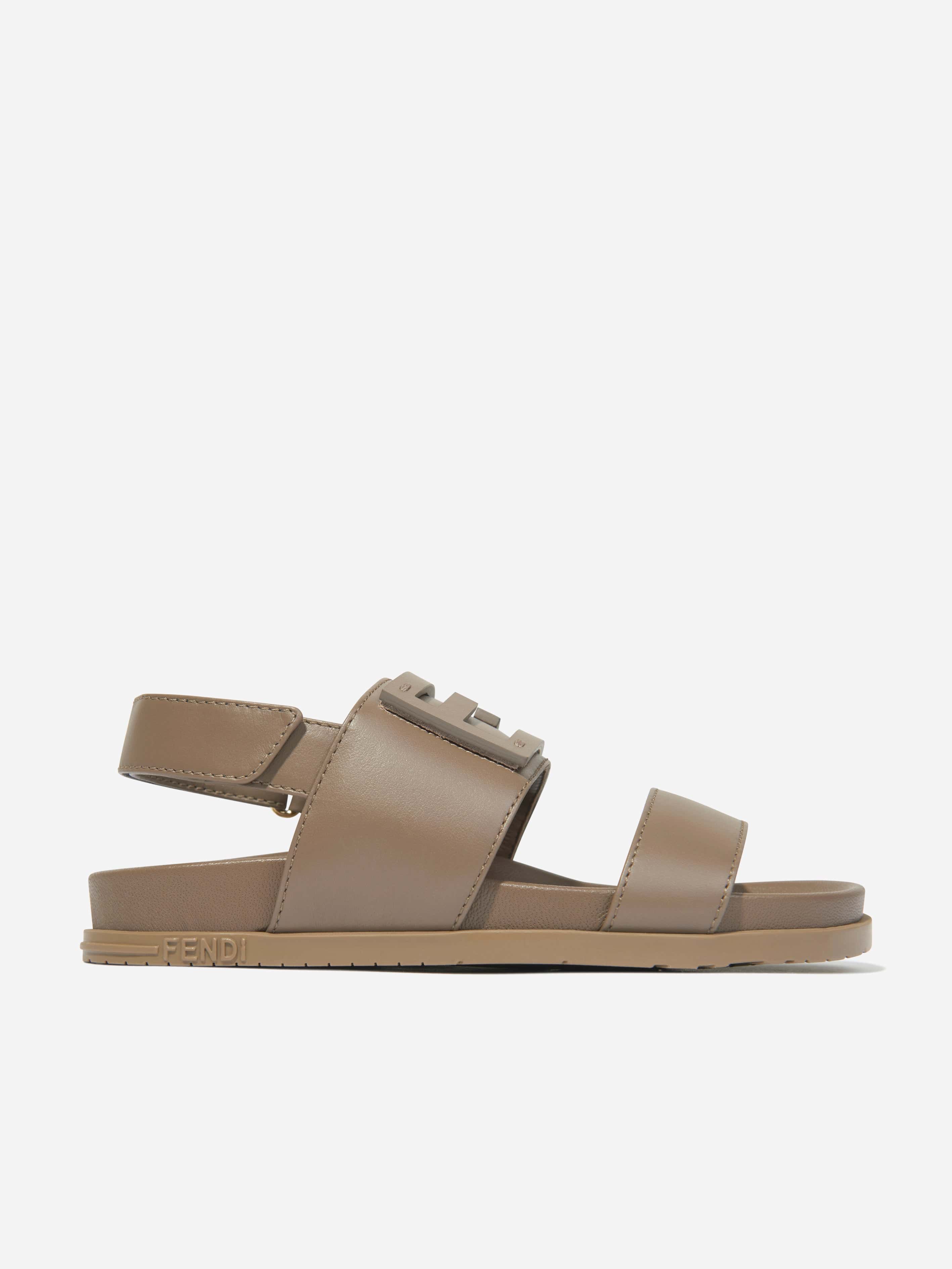 Fendi Kids Leather FF Logo Sandals in Beige Low Pice Cheap Online