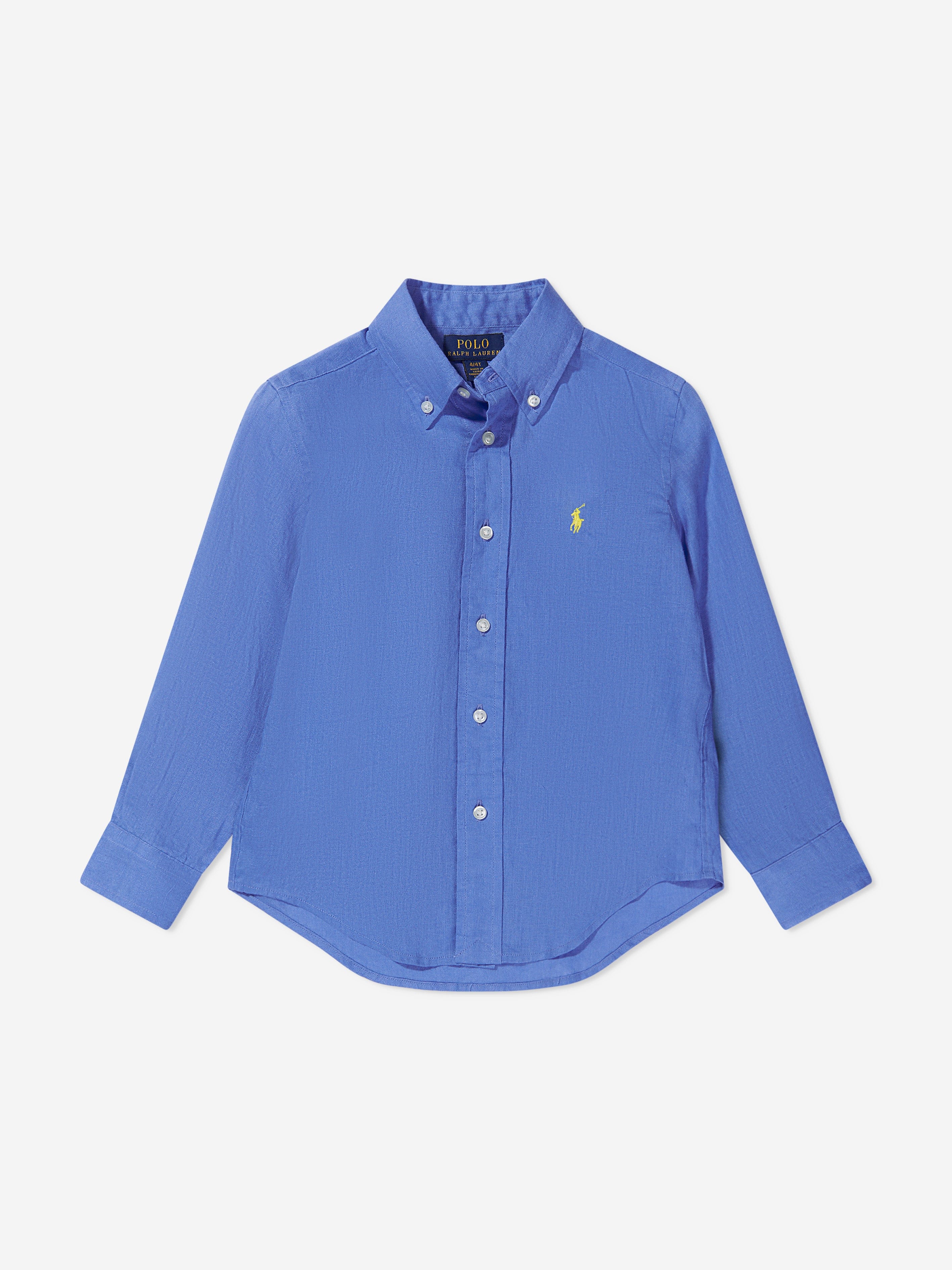 Ralph Lauren Boys Linen Logo Shirt in Blue Fashionable