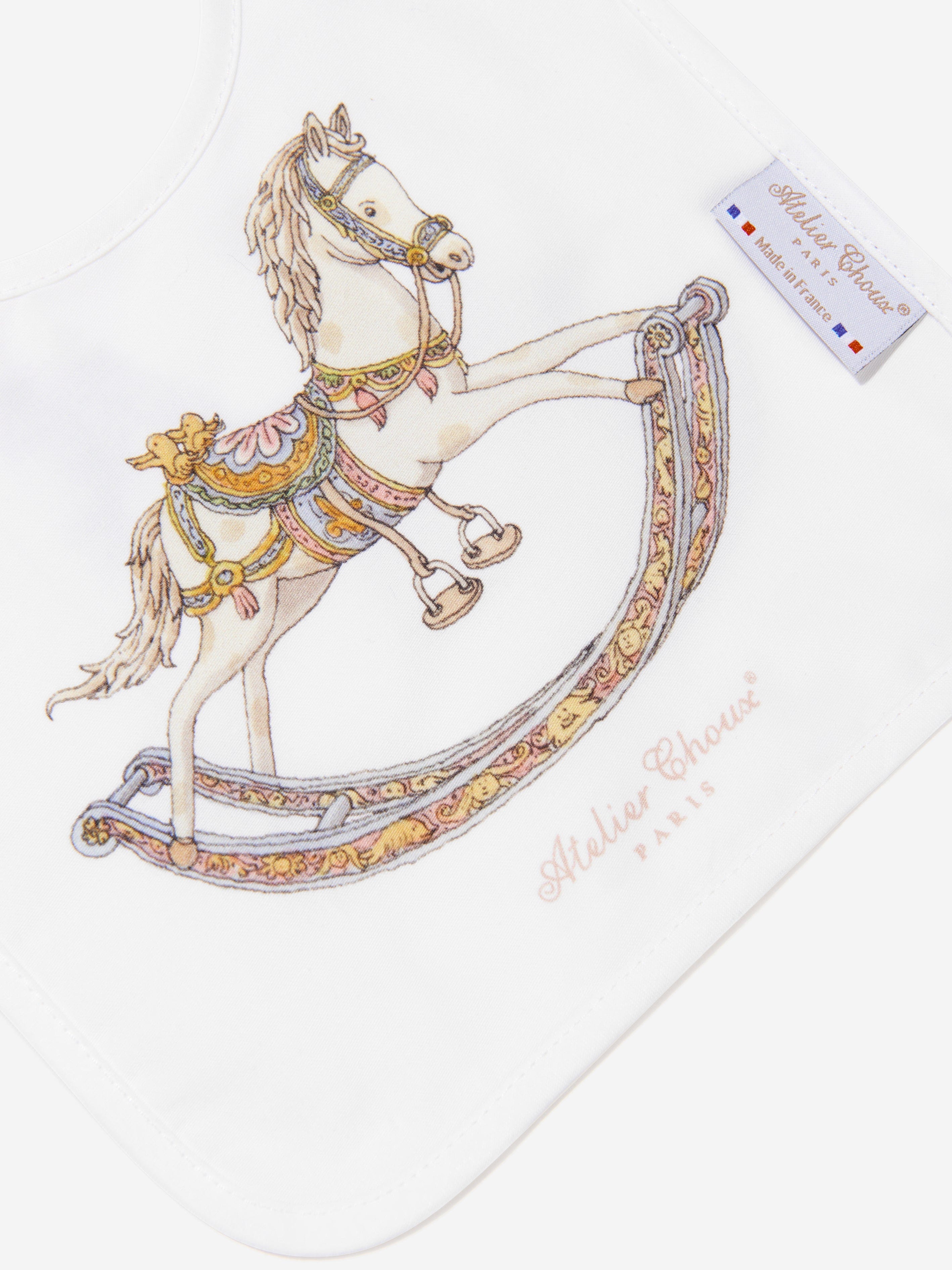 Atelier Choux Baby Rocking Horse Satin Bib in White Sale Online Online