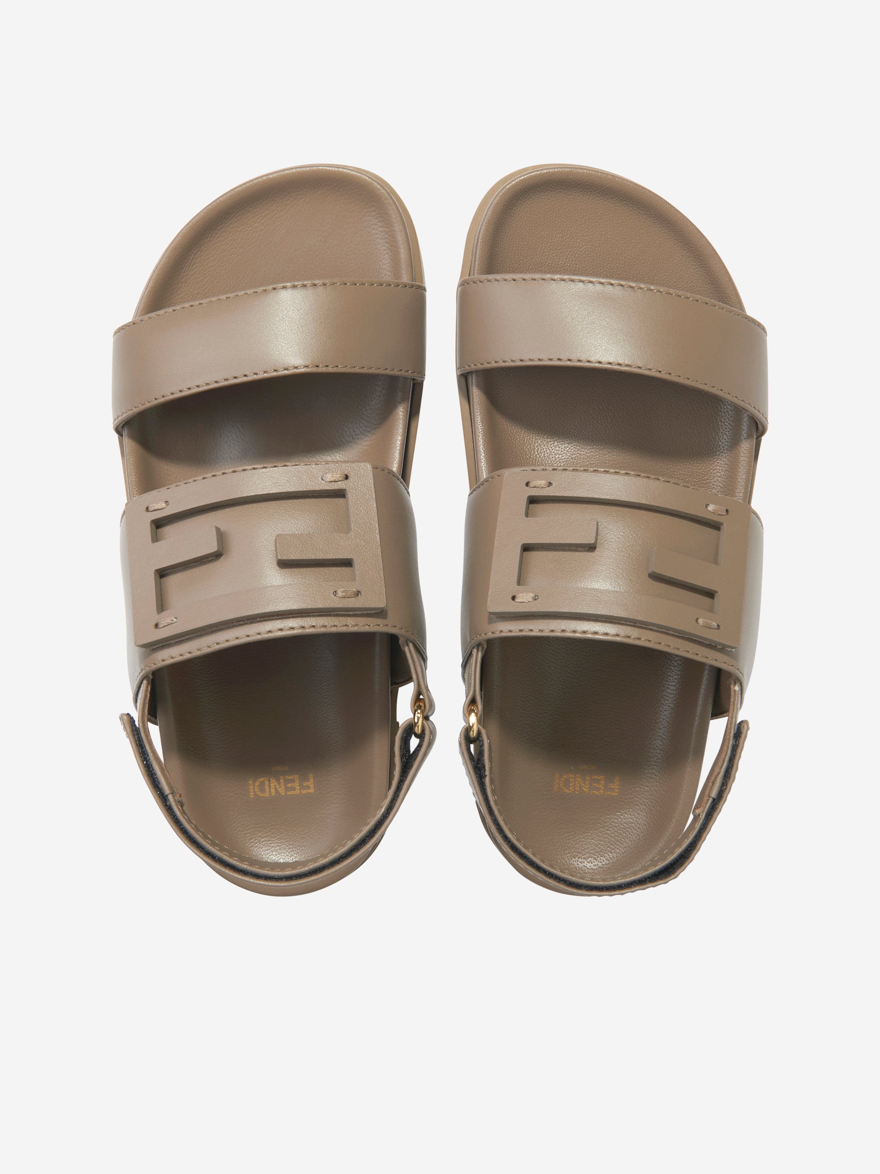 Fendi Kids Leather FF Logo Sandals in Beige Low Pice Cheap Online