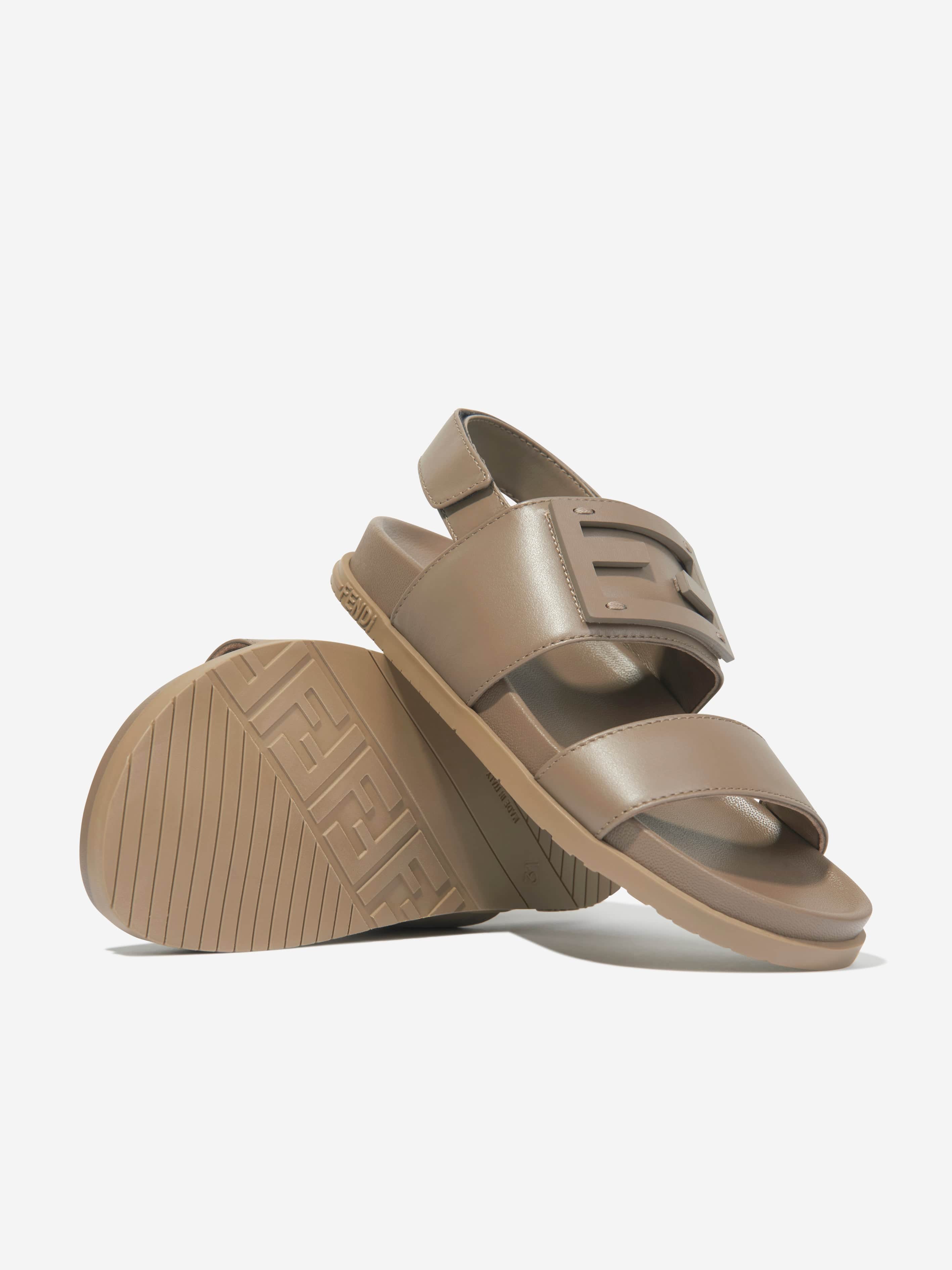 Fendi Kids Leather FF Logo Sandals in Beige Low Pice Cheap Online