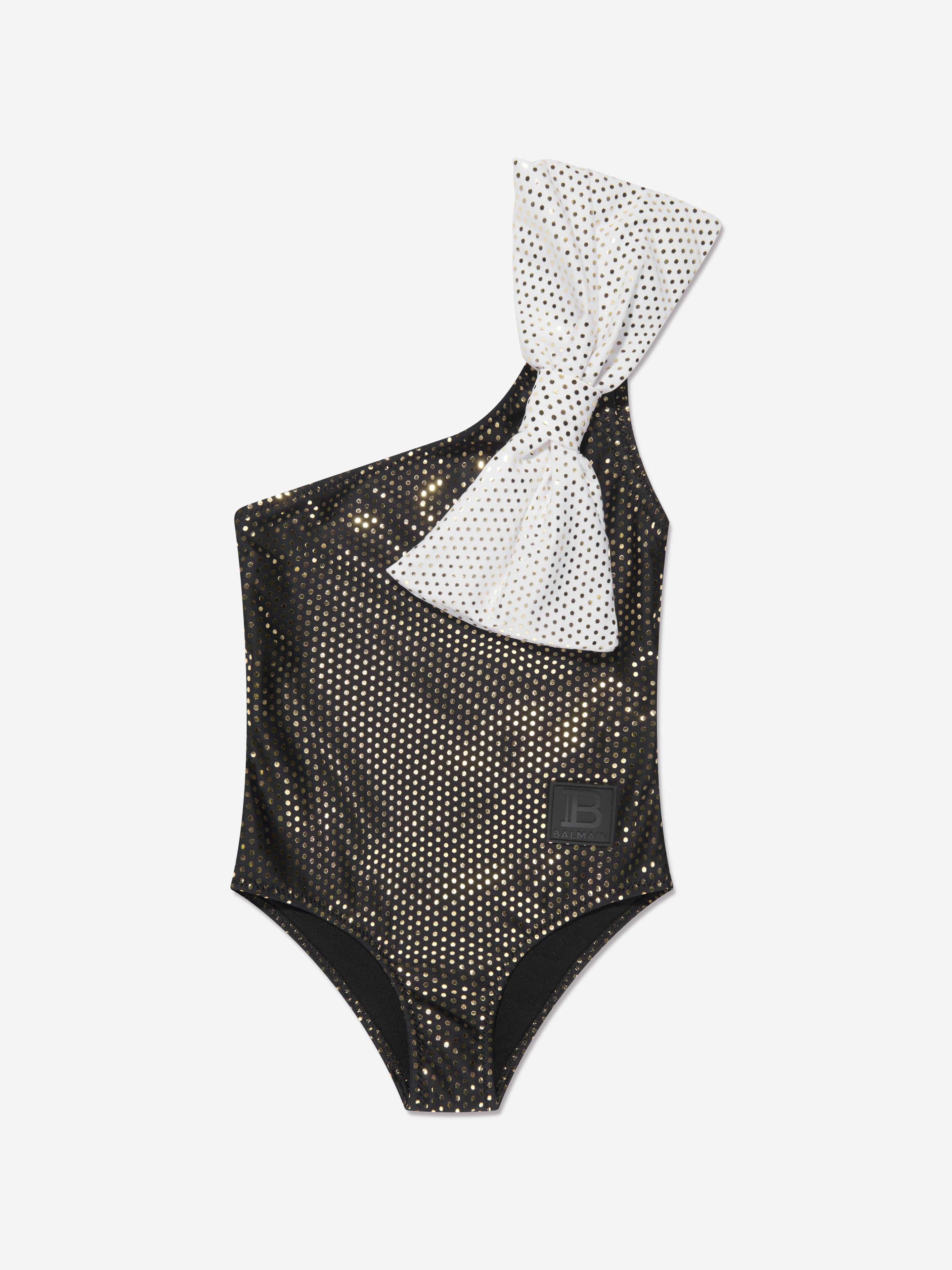Balmain Girls One Shoulder Bow Swimsuit in Black Clearance Perfect