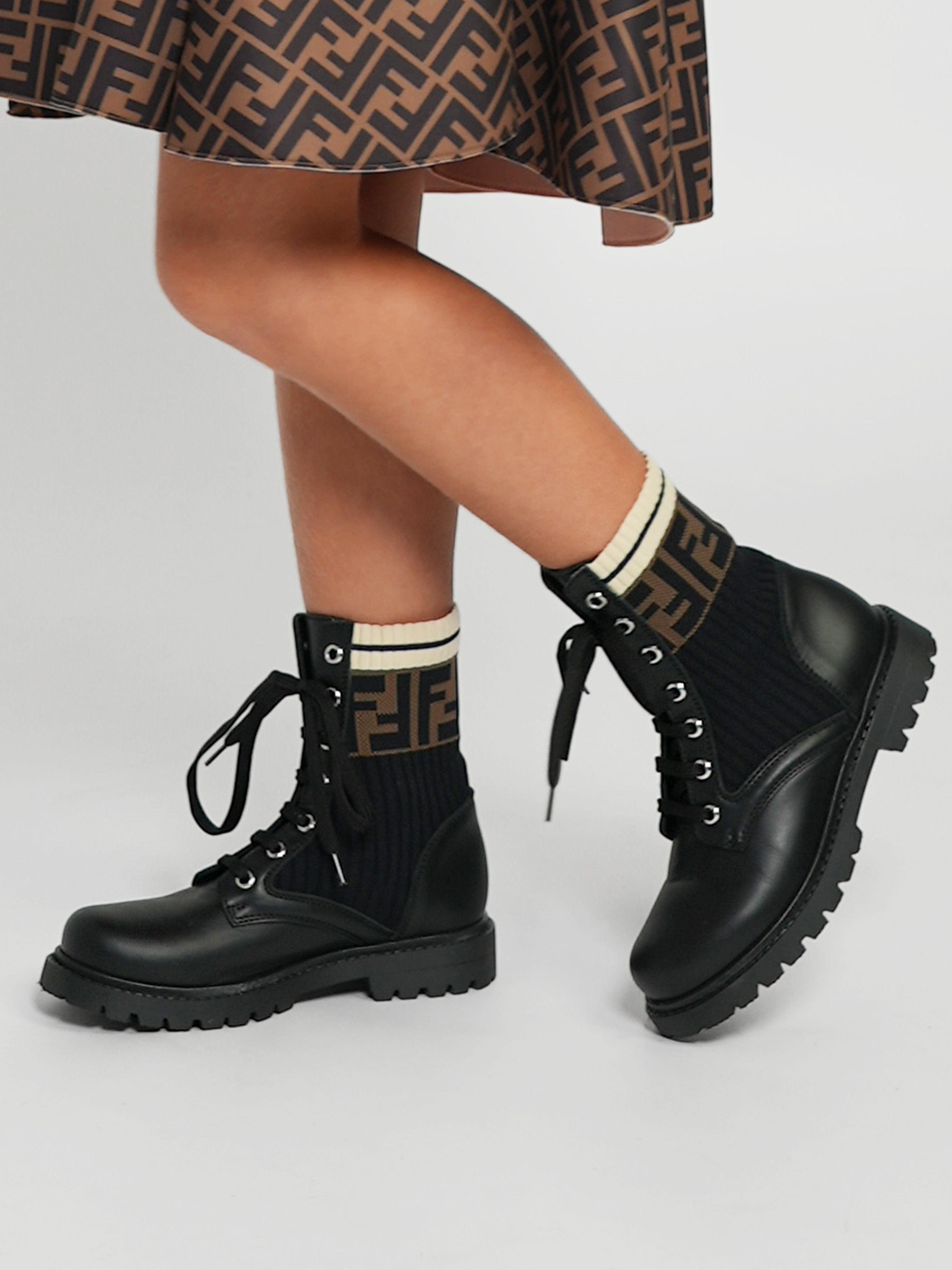Fendi Kids Leather FF Logo Biker Boots in Black Free Shipping With Credit Card
