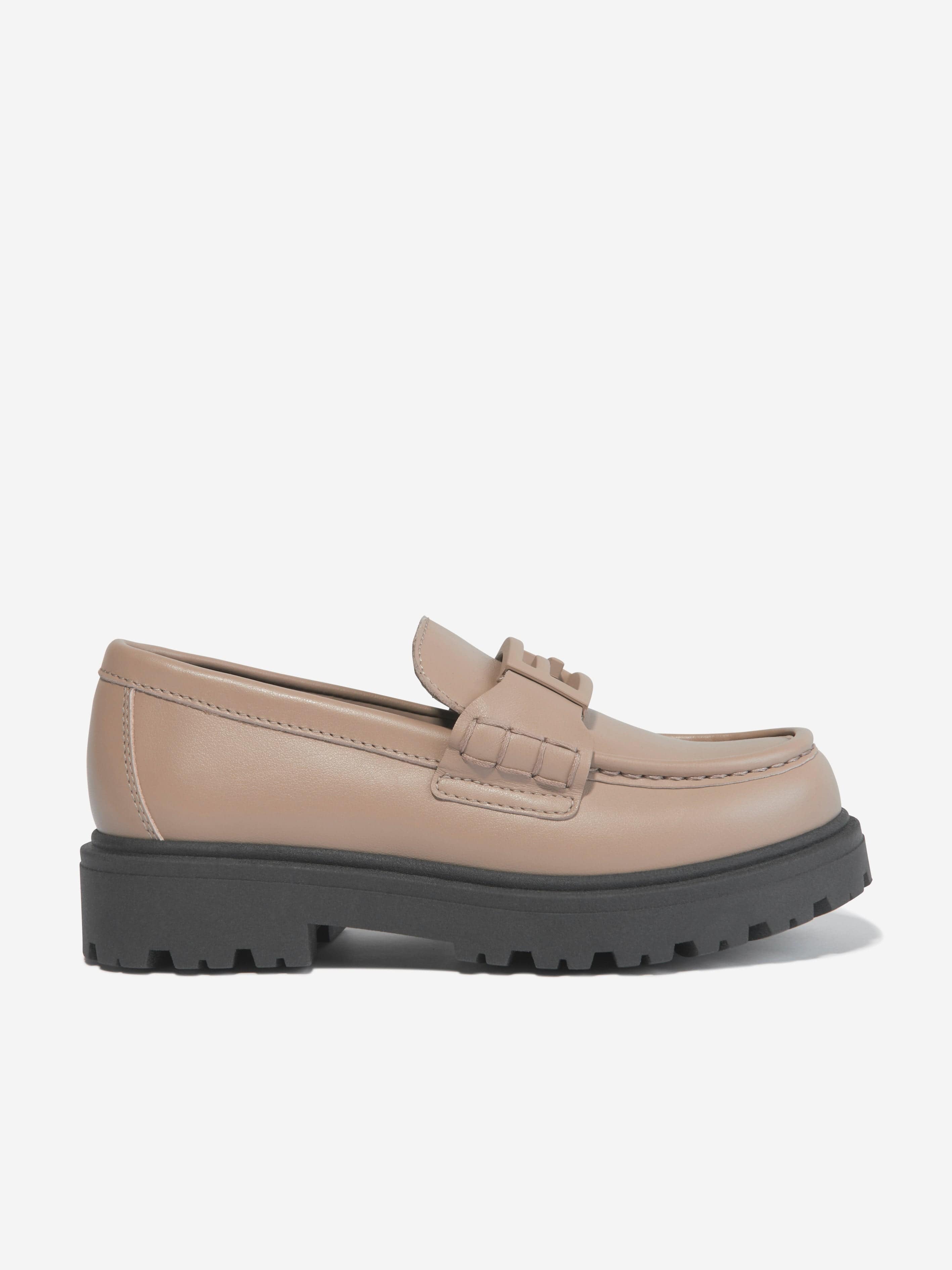 Fendi Kids Leather Logo Loafers in Beige Visit New For Sale