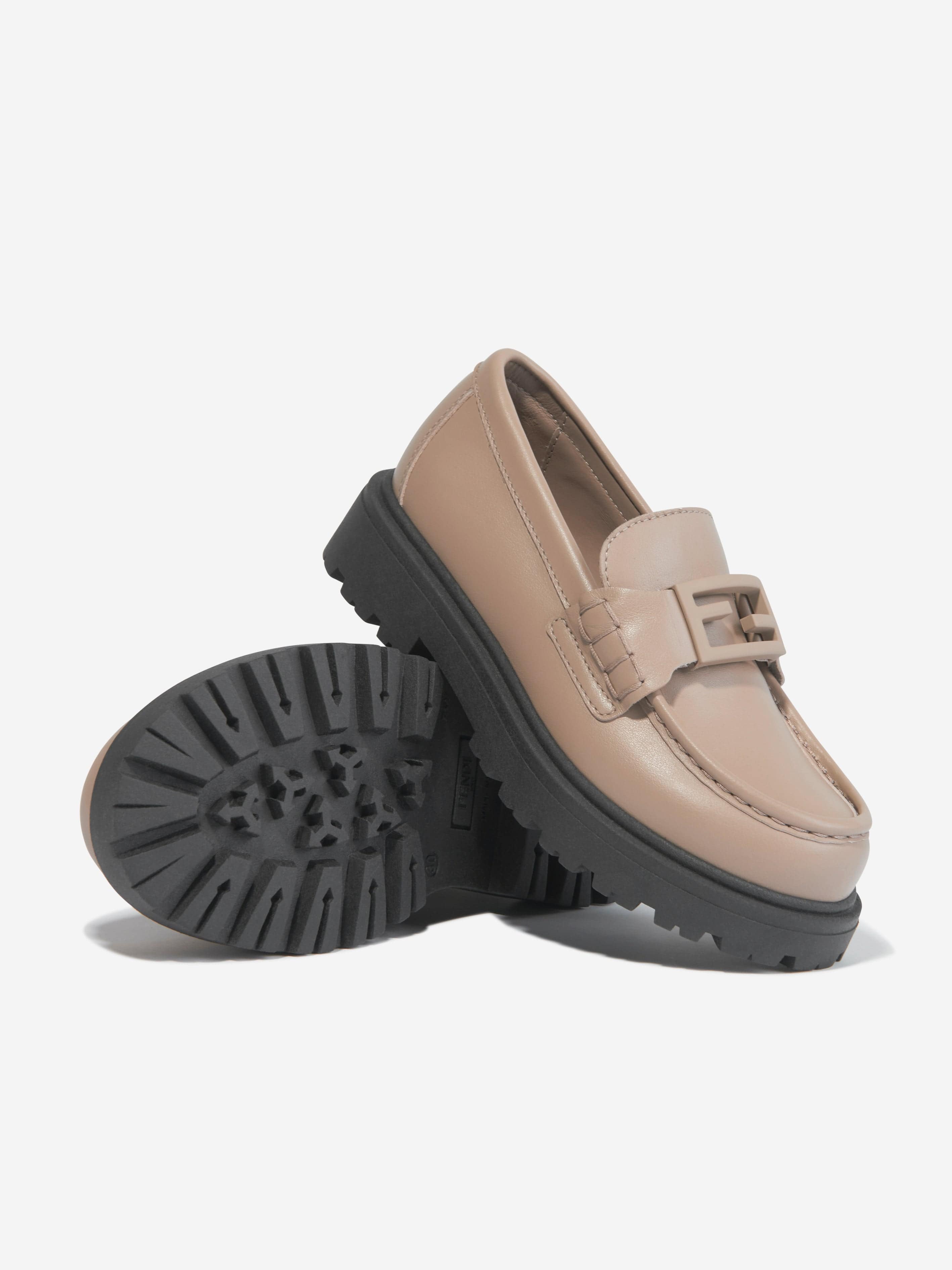 Fendi Kids Leather Logo Loafers in Beige Visit New For Sale