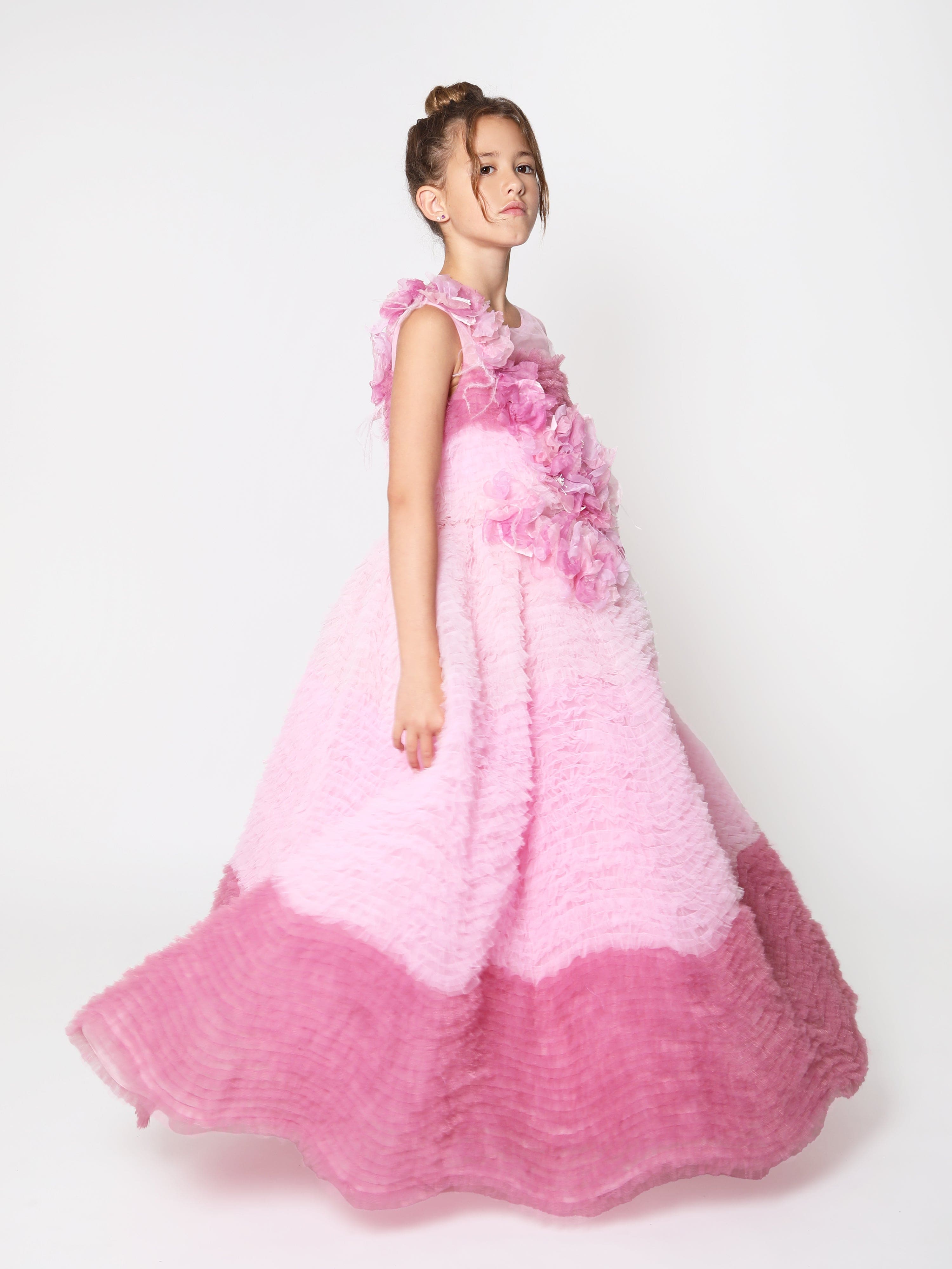 Marchesa Girls Flower Embellished Degrad¨¦ Tulle Gown in Pink 2025 New For Sale