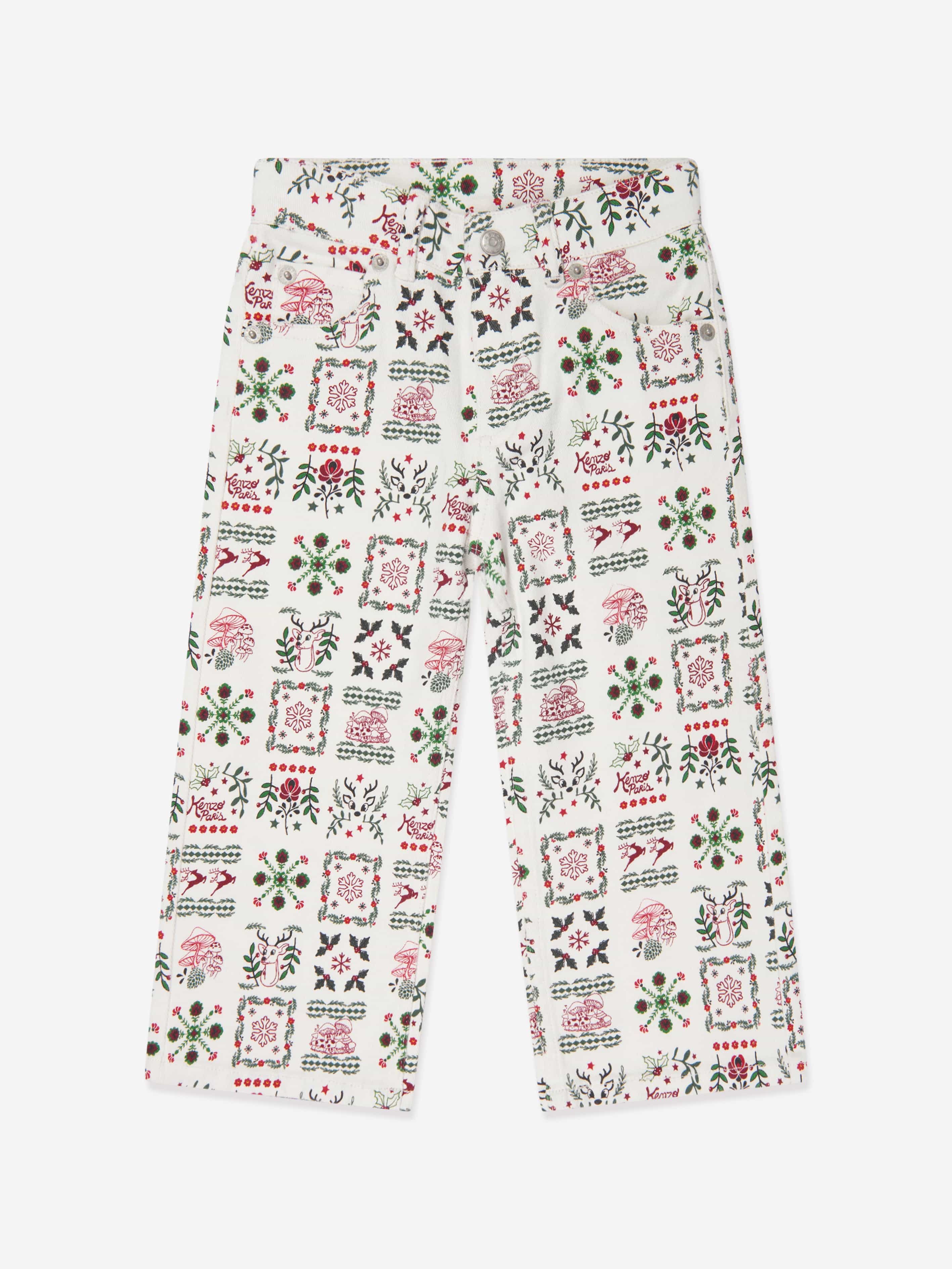 KENZO Girls  Seasonal Print Trousers in Ivory 2025 New Sale Online