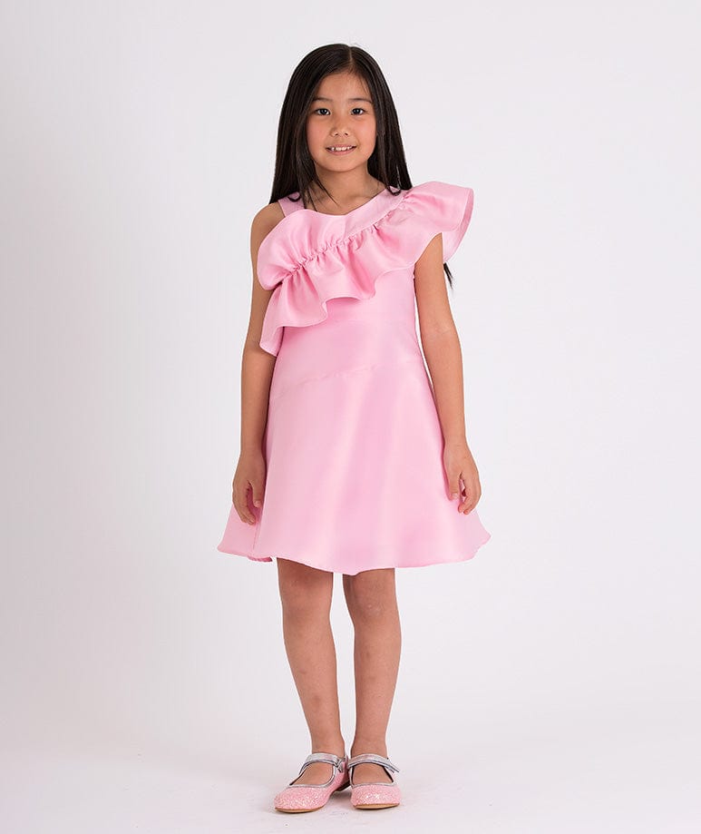 Mama Luma Girls One Shoulder Ruffle Dress in Pink Free Shipping For Sale