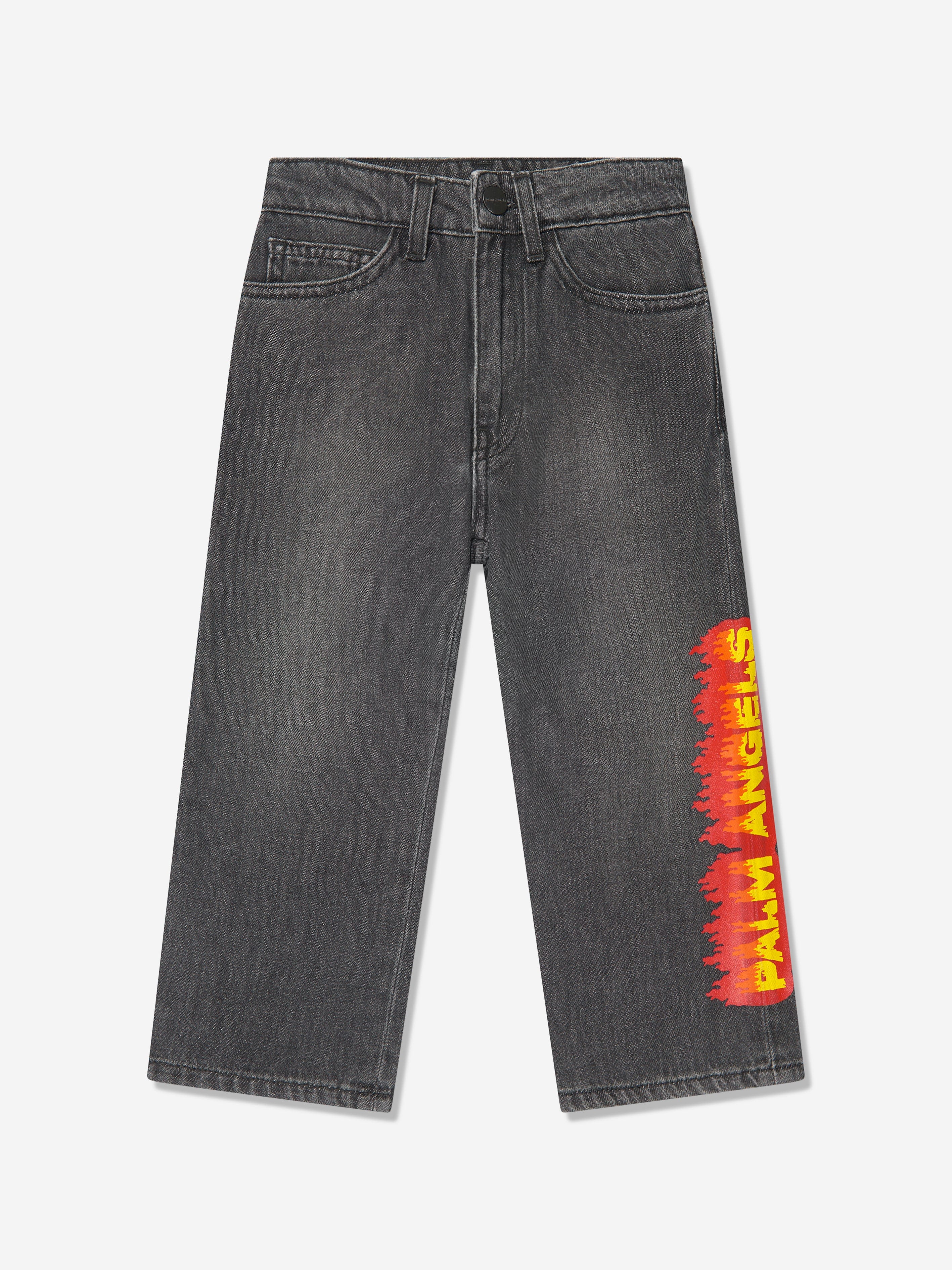 Palm Angels Boys Flames Logo Jeans in Black Sale With Credit Card