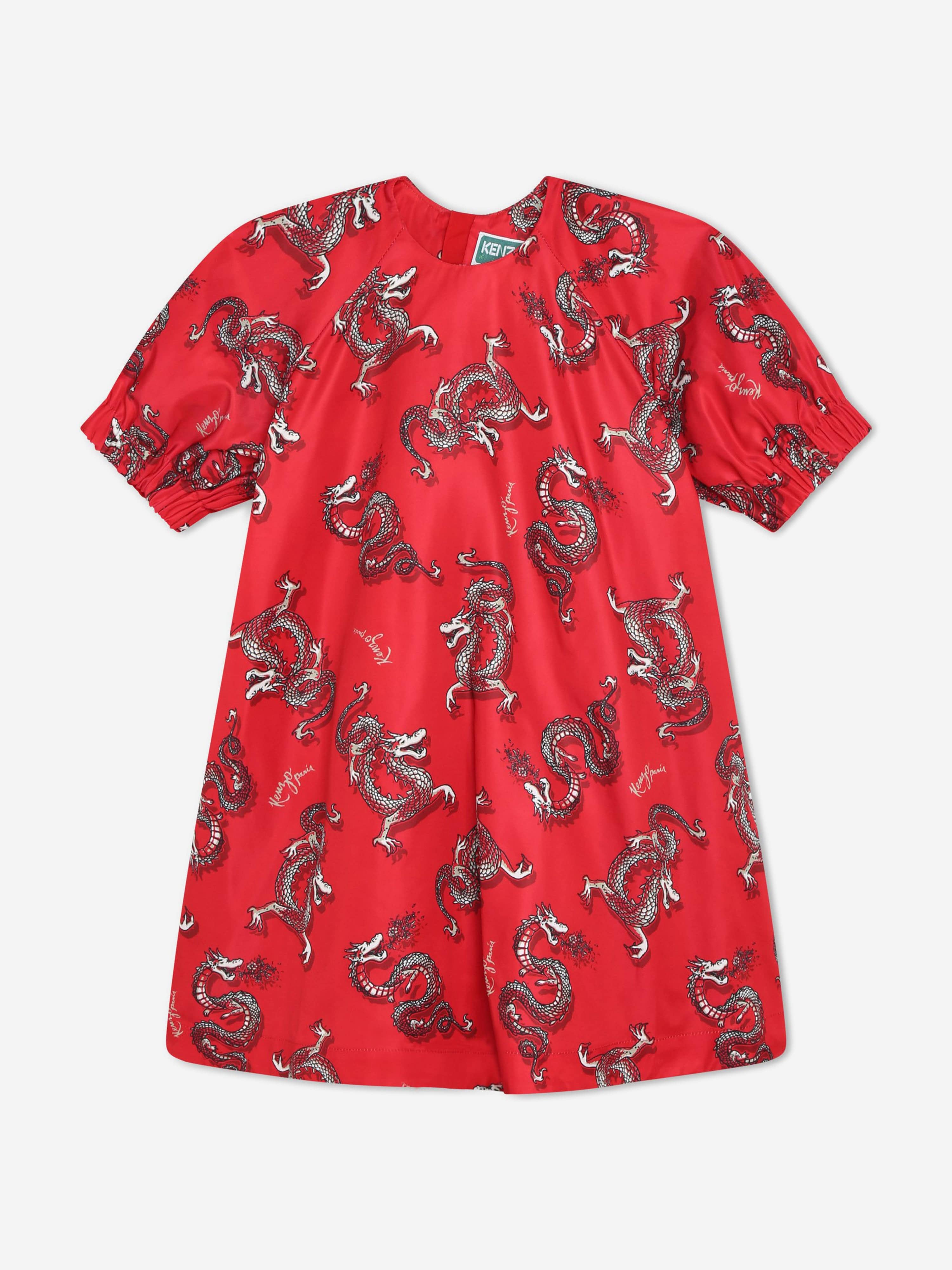 KENZO Girls Dragon Print Dress in Red Discount