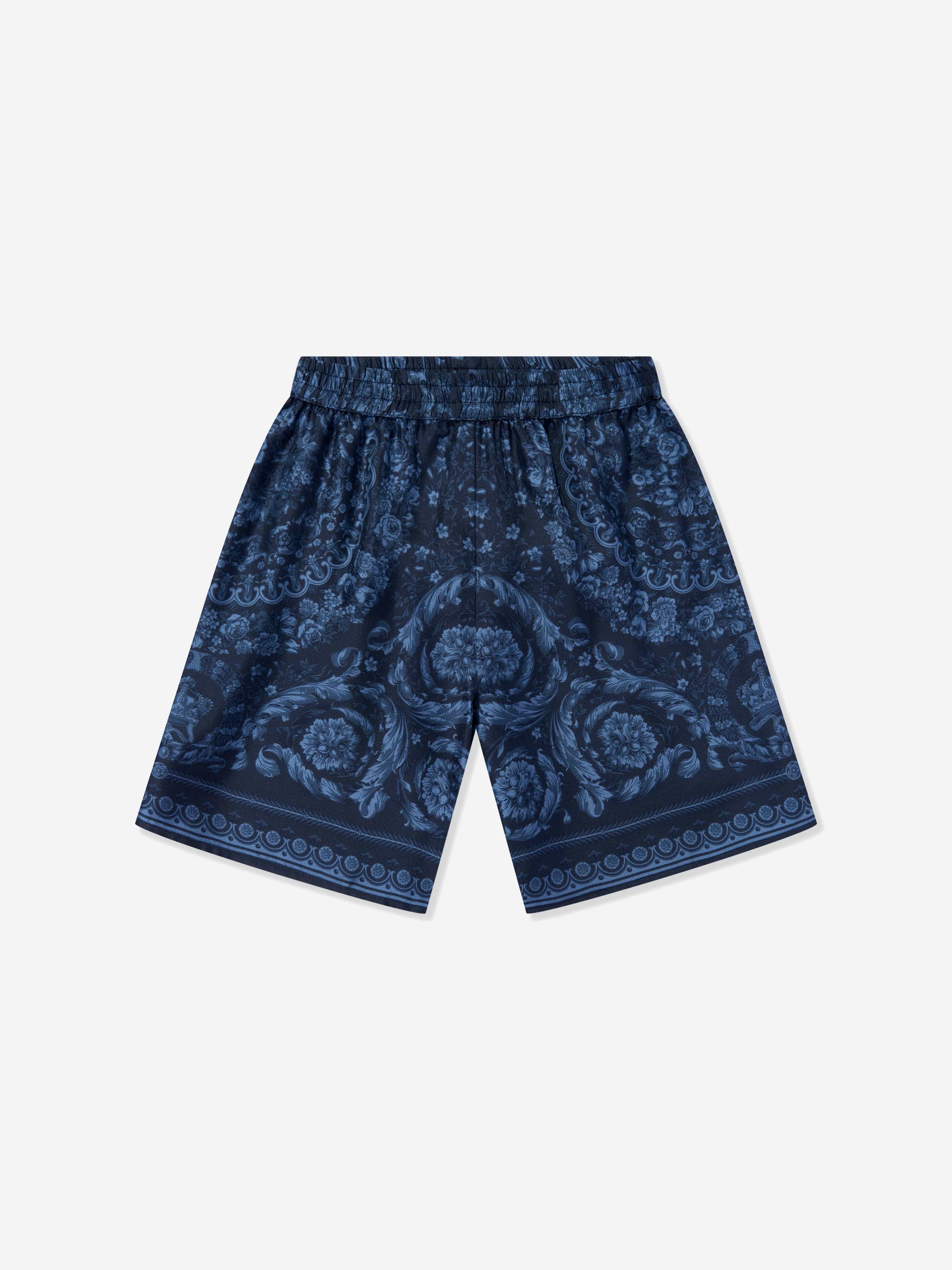 Versace Boys Silk Barocco Shorts in Navy Wholesale Pice