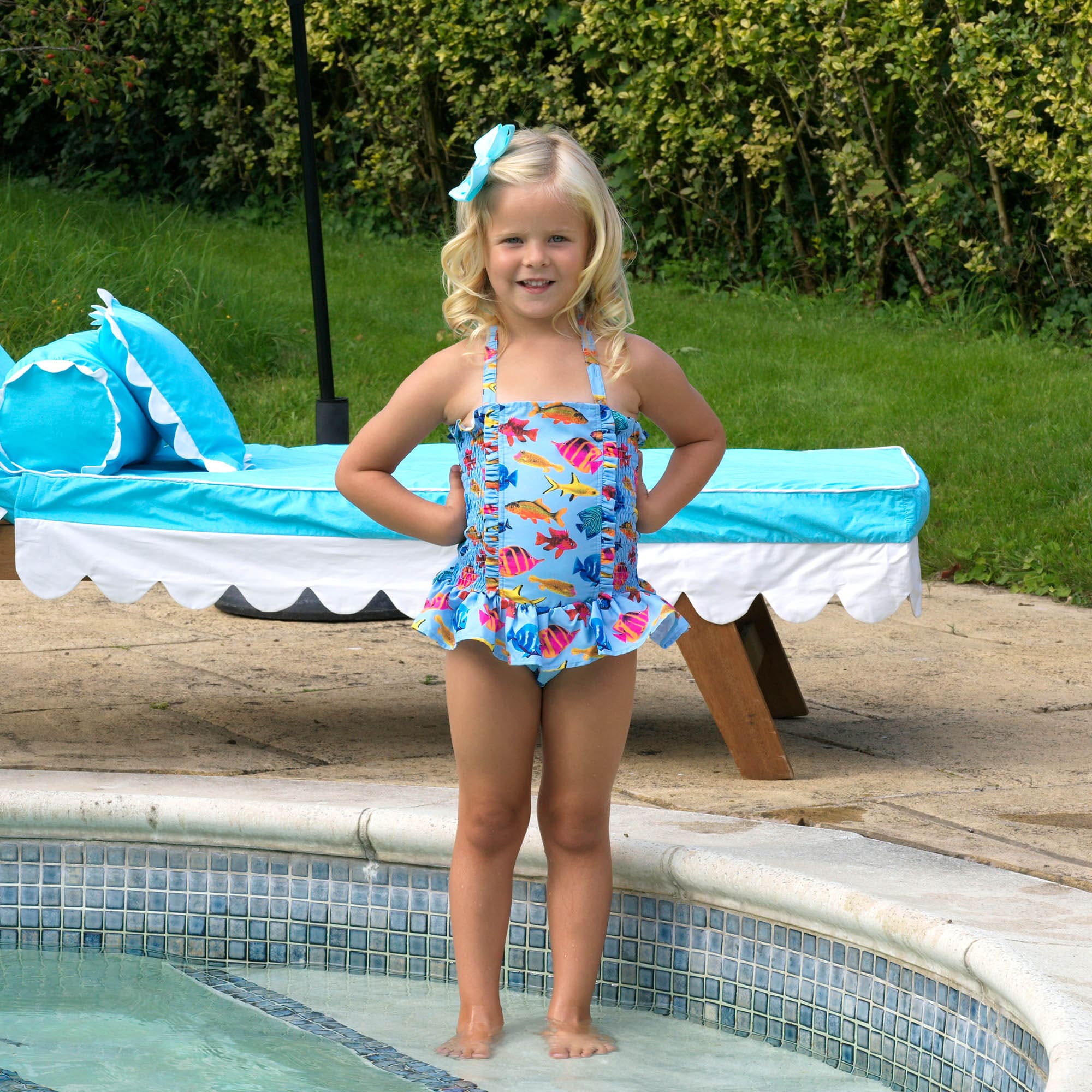 Rachel Riley Girls Tropical Fish Ruched Swimsuit in Multicolour Visit For Sale
