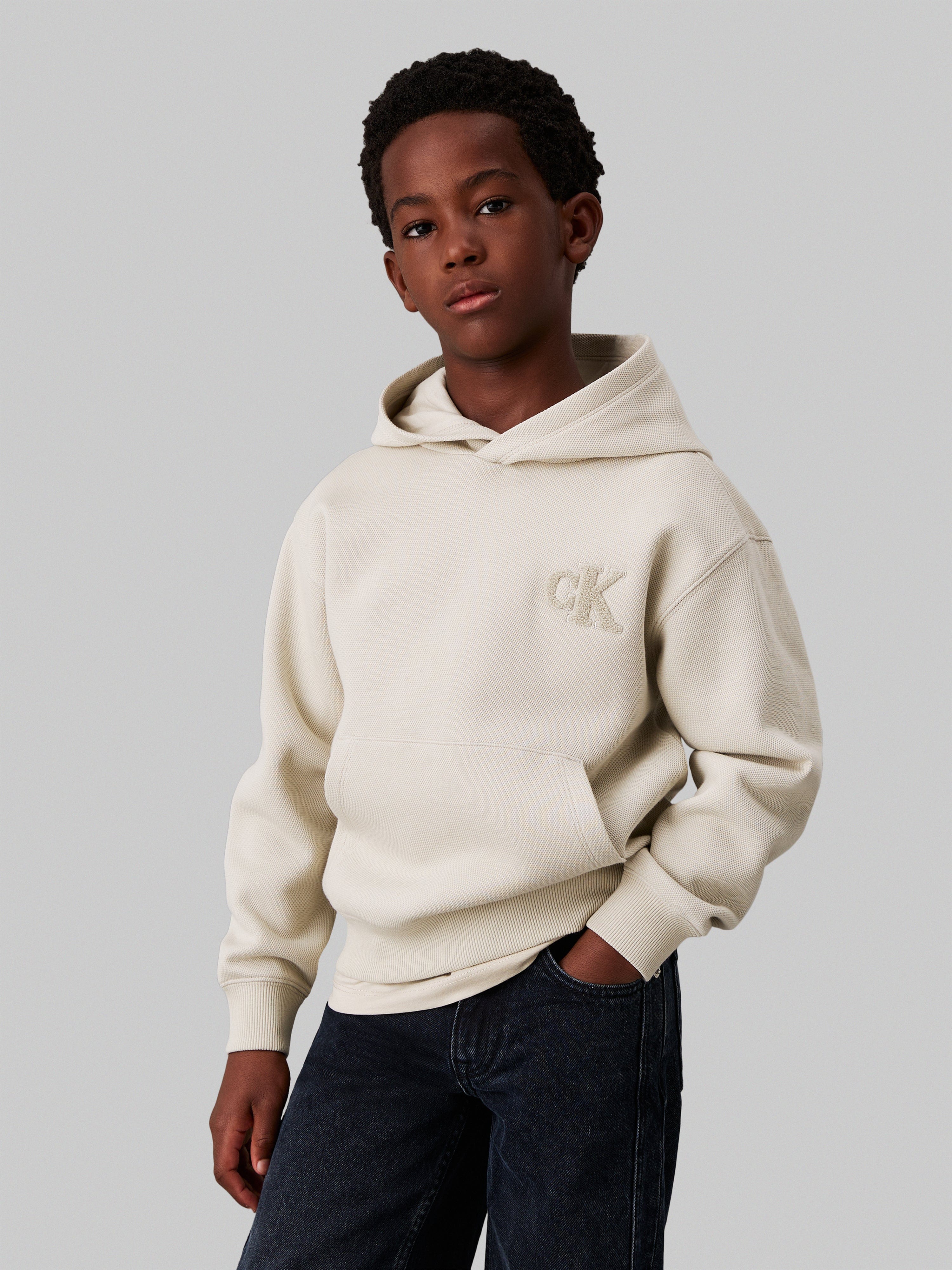 Calvin Klein Boys Bonded Pique Towel Mono Hoodie in Beige Clearance Cheap Online