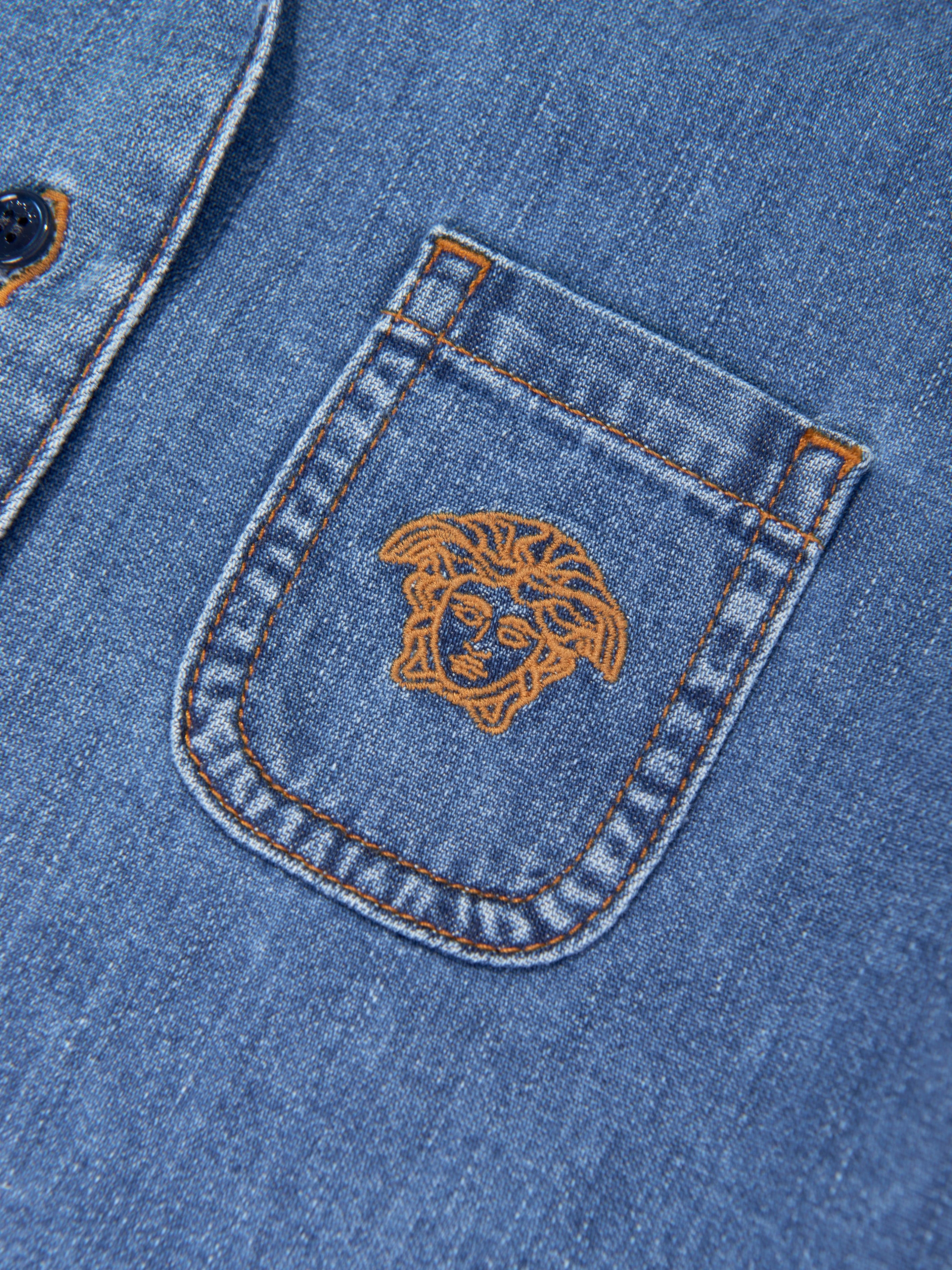 Versace Girls Embroidered Logo Denim Shirt in Blue Cheap Free Shipping