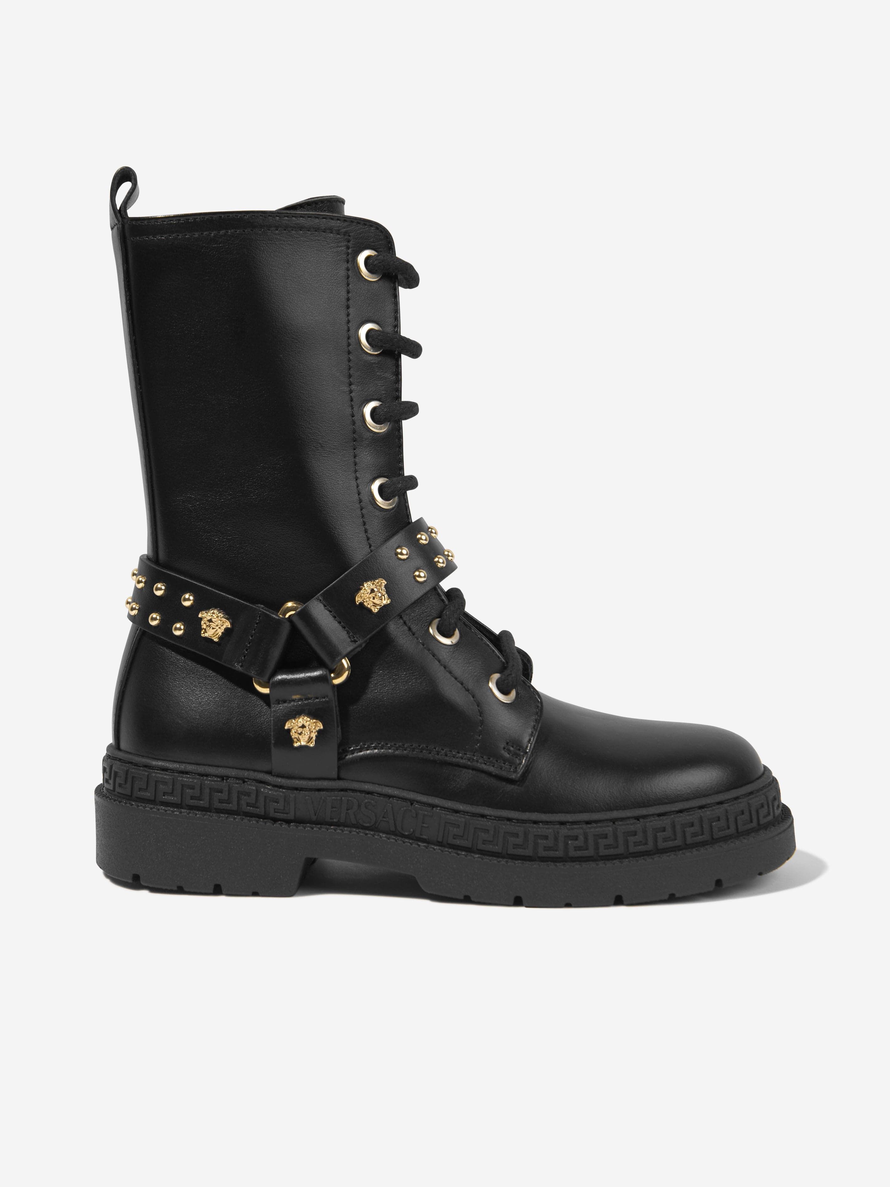 Versace Girls Leather Biker Boots in Black Free Shipping
