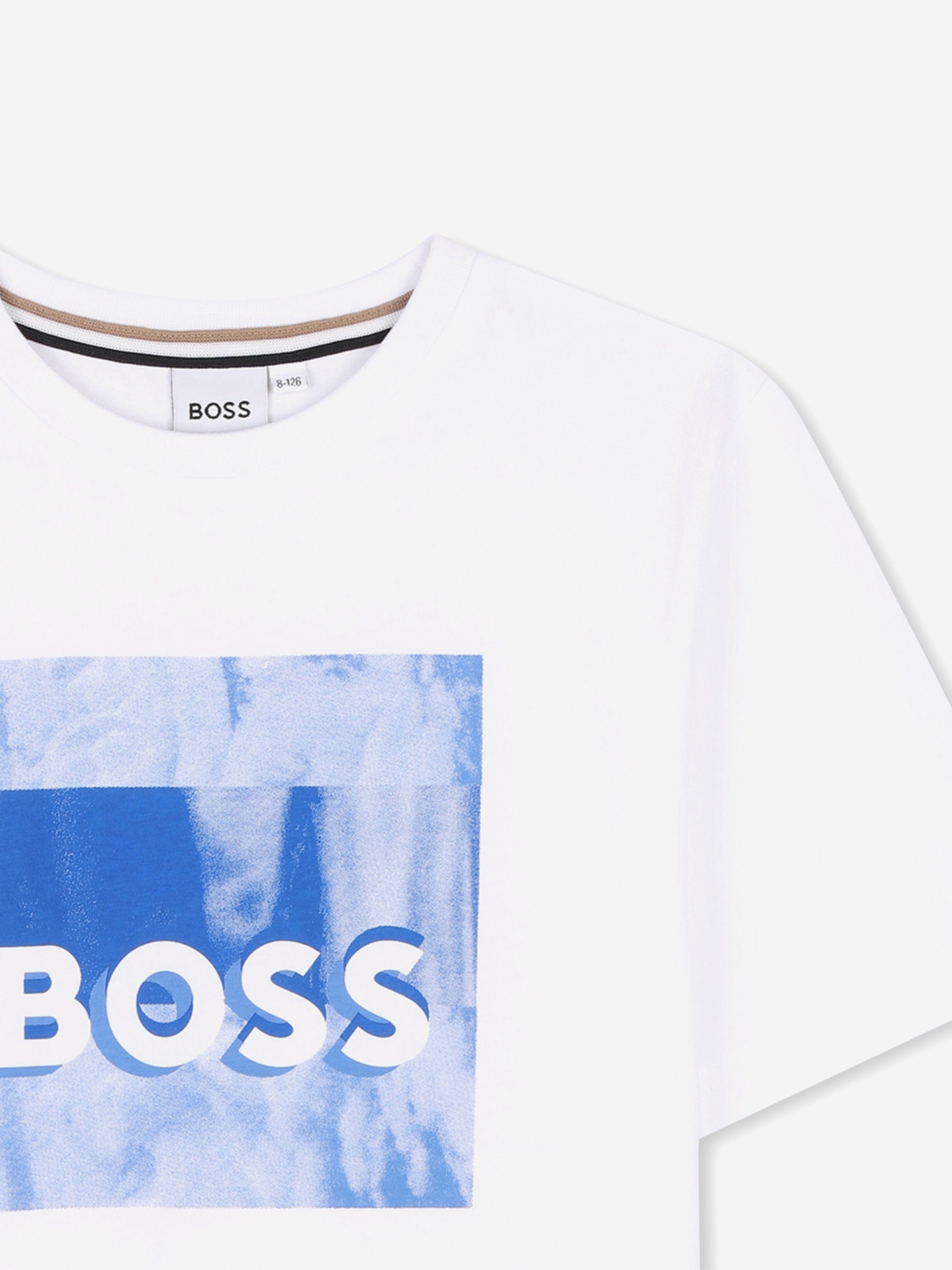 BOSS Boys Graphic Print T-Shirt in White Outlet Classic