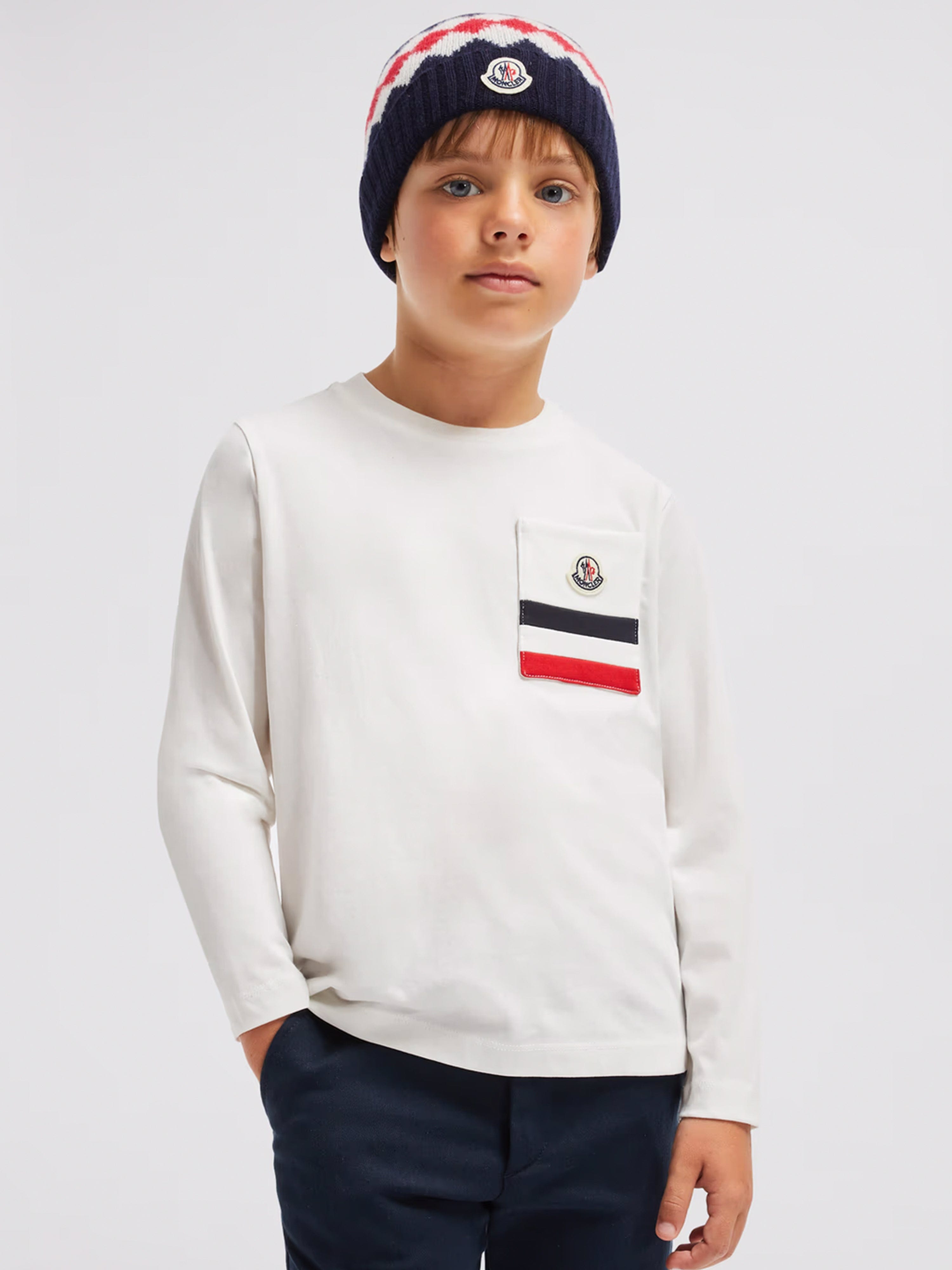 Moncler Enfant Boys Long Sleeve Logo T-Shirt in White Genuine Online