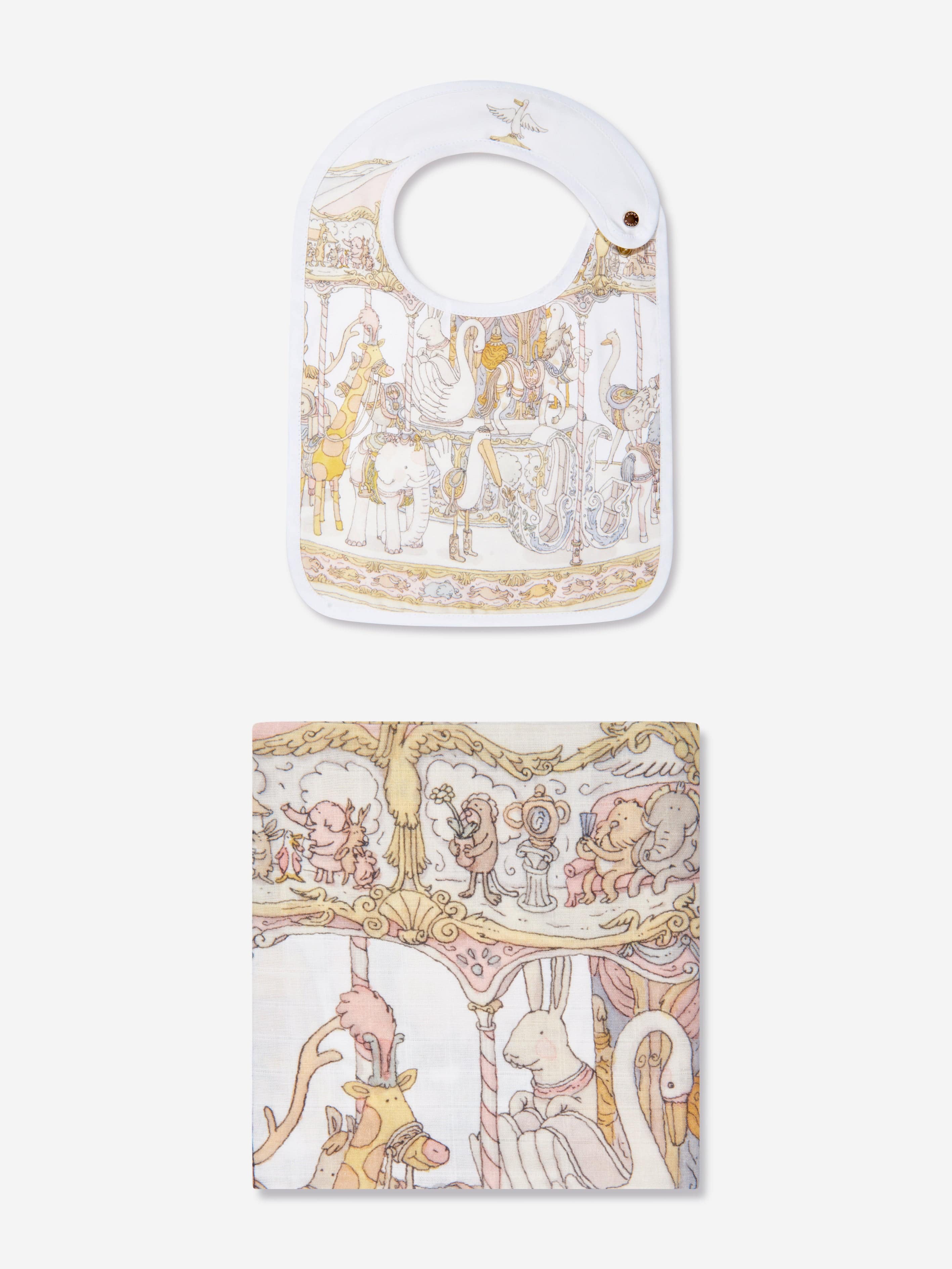 Atelier Choux Baby Girls Carousel Swaddle And Satin Bib Gift Set in Pink Cheap Geniue Stockist